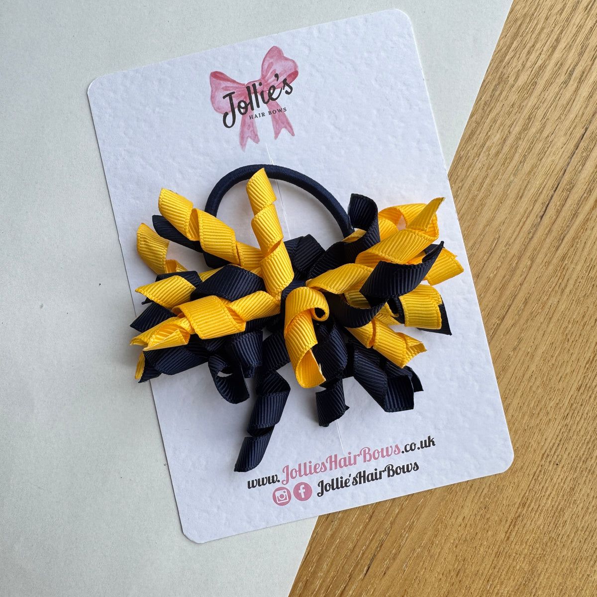 Yellow Gold & Navy 3.5" Corker Hair Bow with Thick Elastic Bobble – Two Tone Grosgrain Ribbon