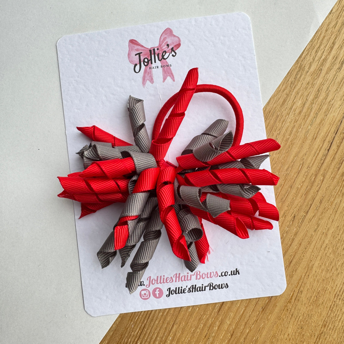 Red & Metal Grey 3.5" Corker Hair Bow with Thick Elastic Bobble – Two Tone Grosgrain Ribbon