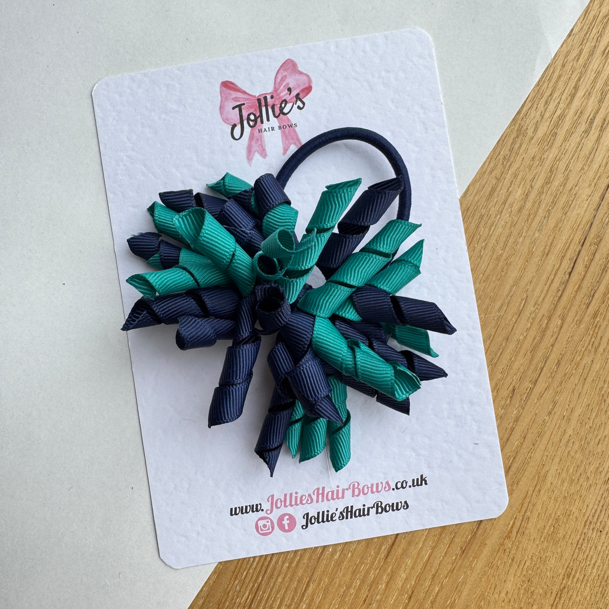 Jade Green & Navy 3.5" Corker Hair Bow with Thick Elastic Bobble – Two Tone Grosgrain Ribbon