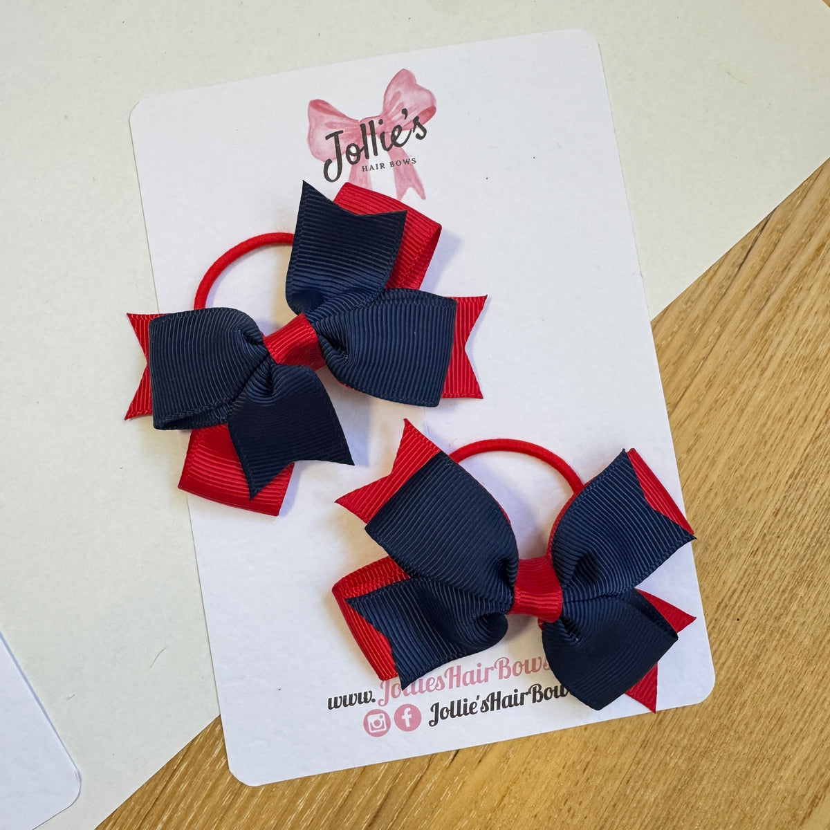3" Double Layer Hair Bow with Thin Elastic Bobble (Pair) – Red & Navy