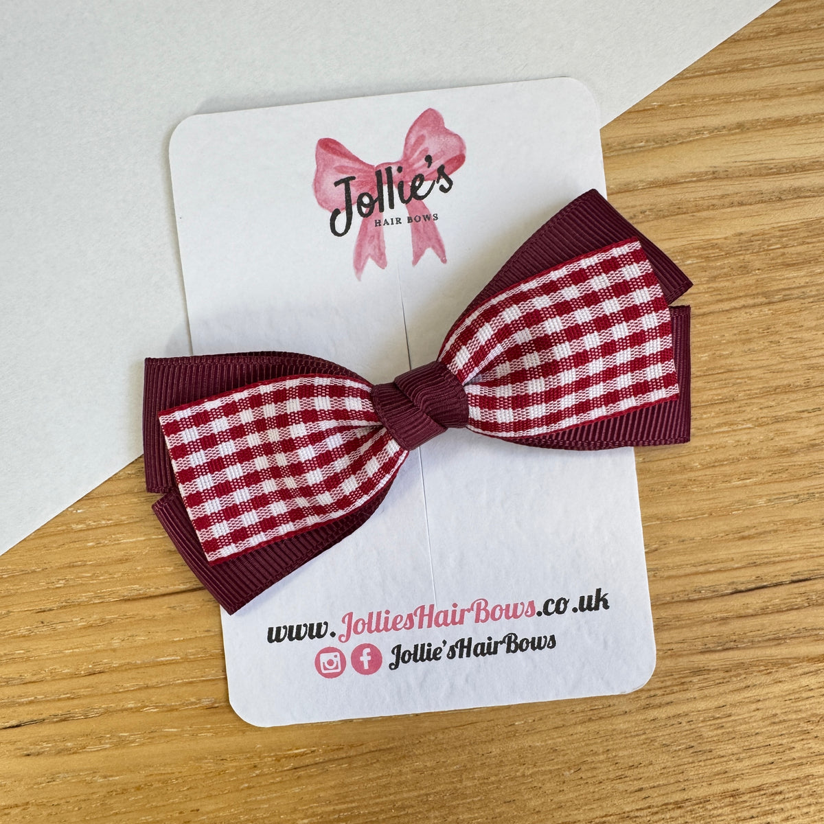 3.5" Burgundy Gingham Hair Bow with Clip – Grosgrain Ribbon Hair Bow for Girls