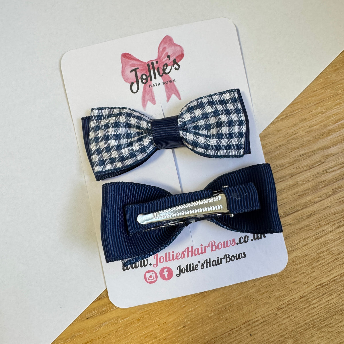 2.5" Navy Gingham Bow Clip Set – Hair Bows for Girls (Pair)