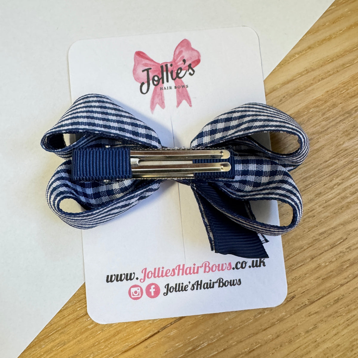3" Navy Gingham Bow with Clip – Grosgrain Ribbon Hair Bow for Girls