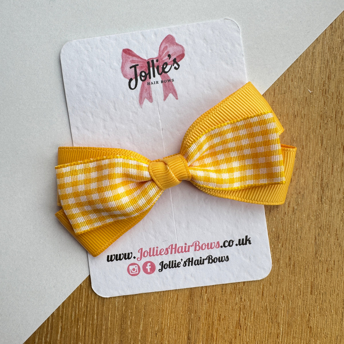 3.5" Yellow Gingham Bow with Clip – Grosgrain Ribbon Hair Bow for Girls
