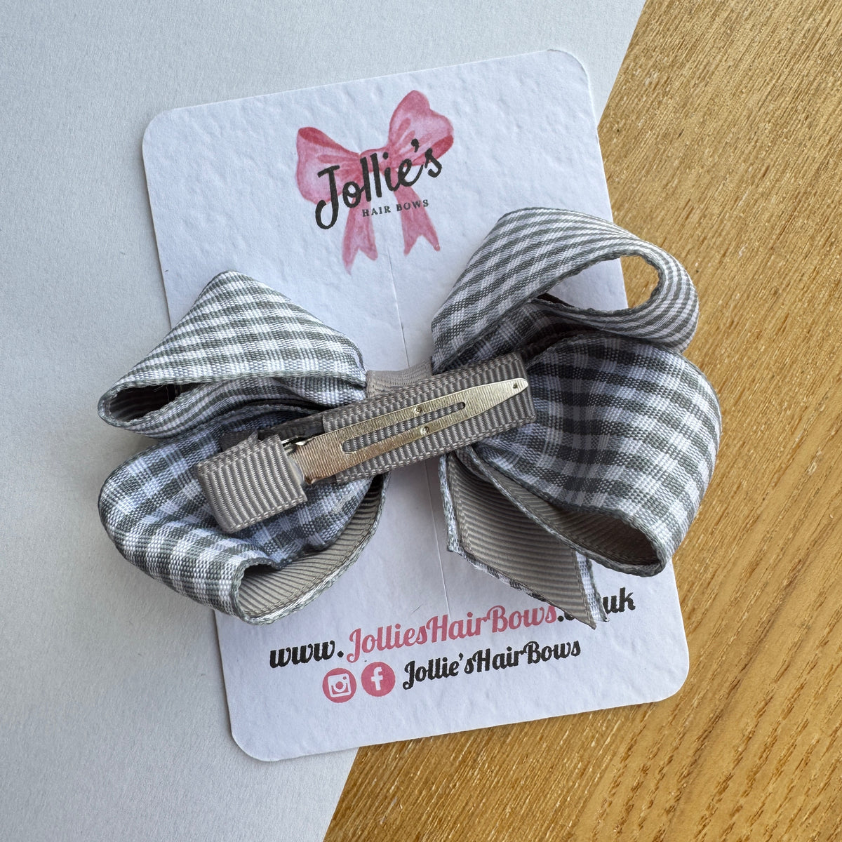 3" Silver Gingham Bow with Clip – Grosgrain Ribbon Hair Bow for Girls