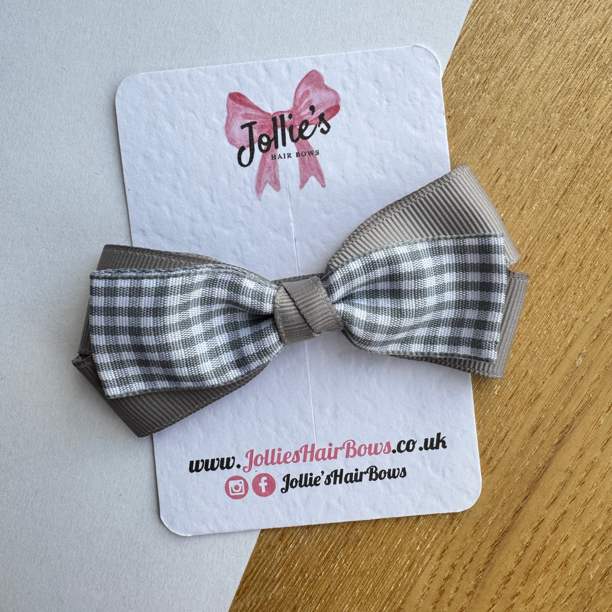 3.5" Silver Gingham Bow with Clip – Grosgrain Ribbon Hair Bow for Girls