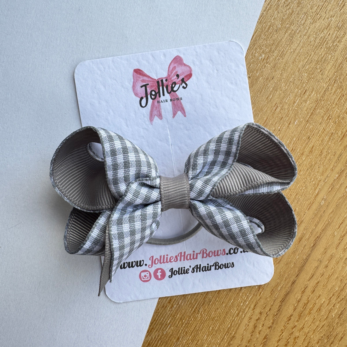 3" Silver Gingham Bow with Thin Elastic – Grosgrain Ribbon Hair Bow for Girls