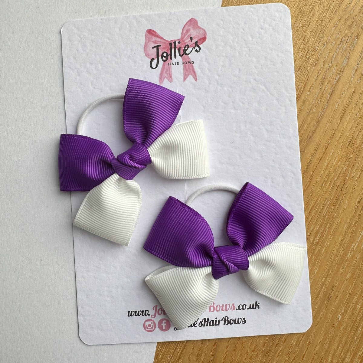 2.5" Purple & White Classic Hair Bow Pair with Thin Elastic – Grosgrain Ribbon