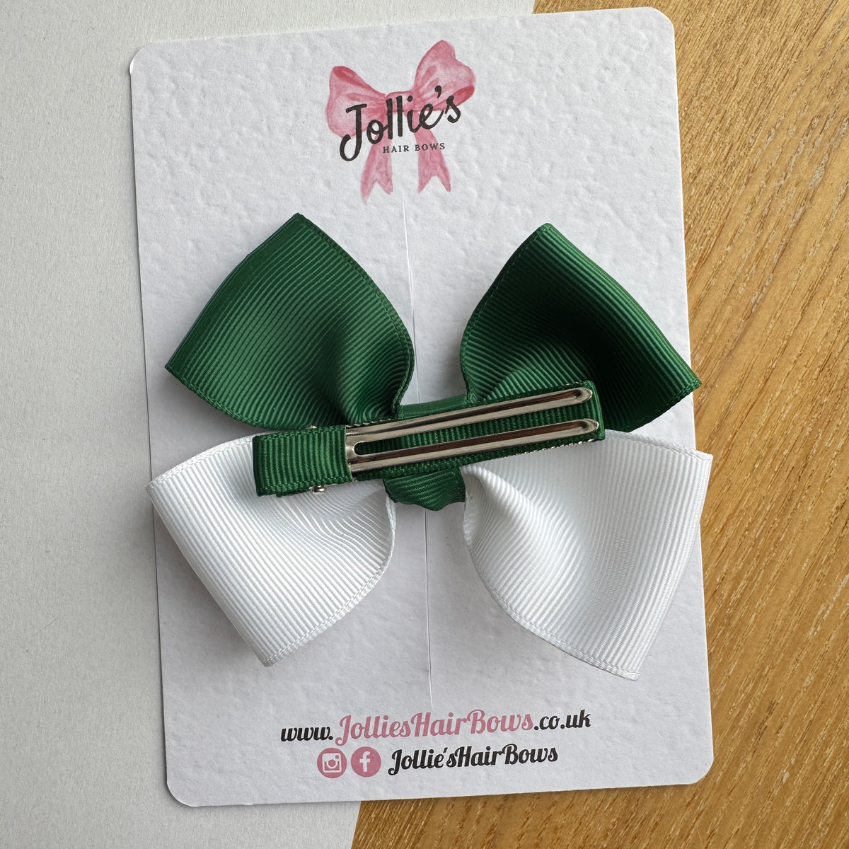 4" Forest Green & White Classic Hair Bow – Grosgrain Ribbon with 2.4" Double Sponge Alligator Clip