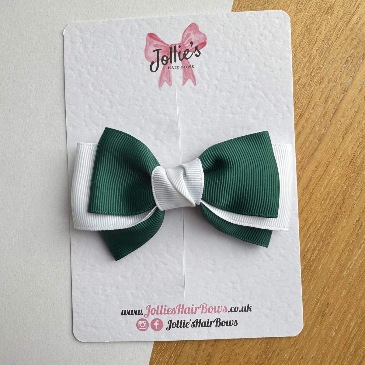 3.5" Forest Green & White Double Layer Hair Bow – Grosgrain Ribbon Clip with Teeth