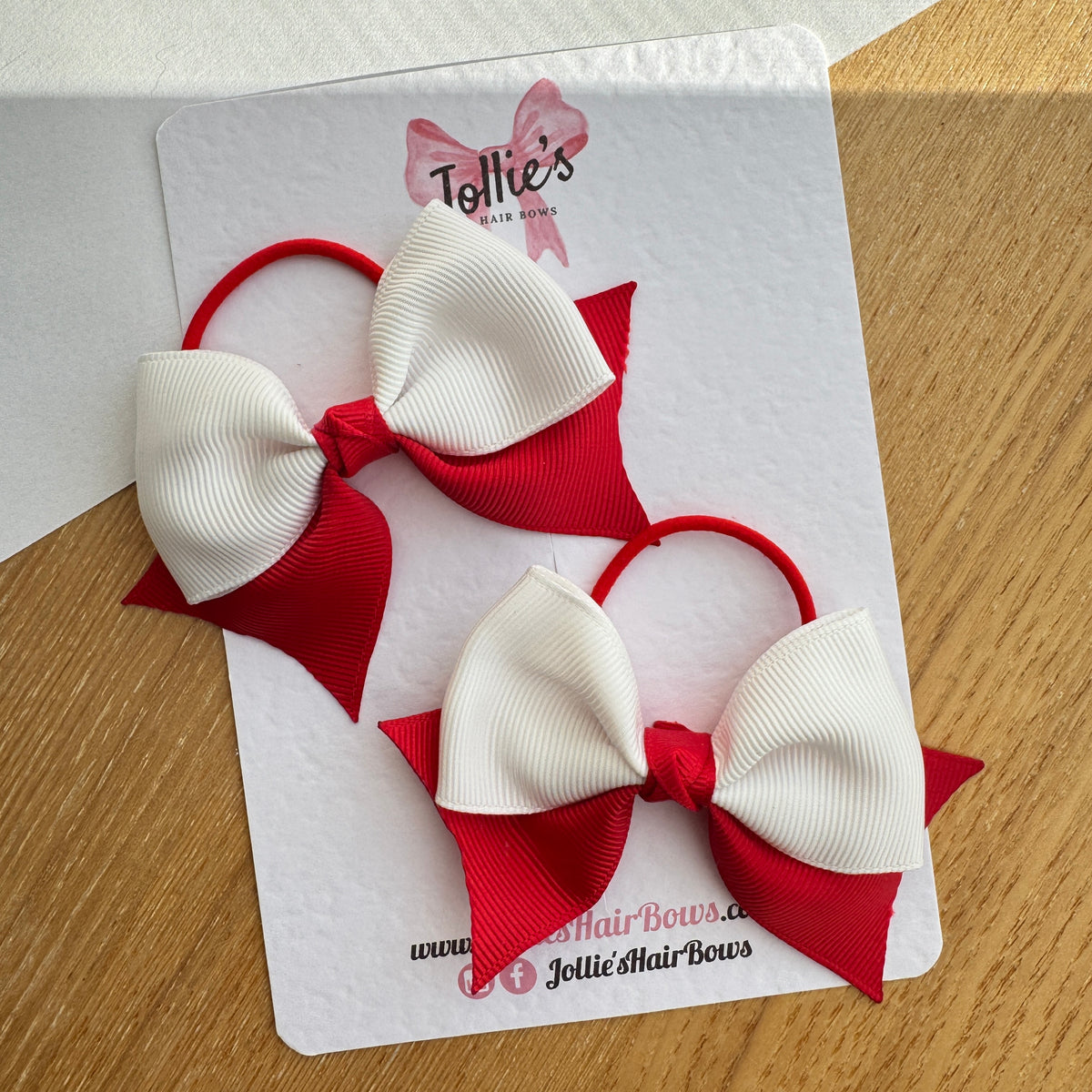 3" Red & White Layered Pointed-Tail Hair Bow Pair with Thin Elastic – Grosgrain Ribbon