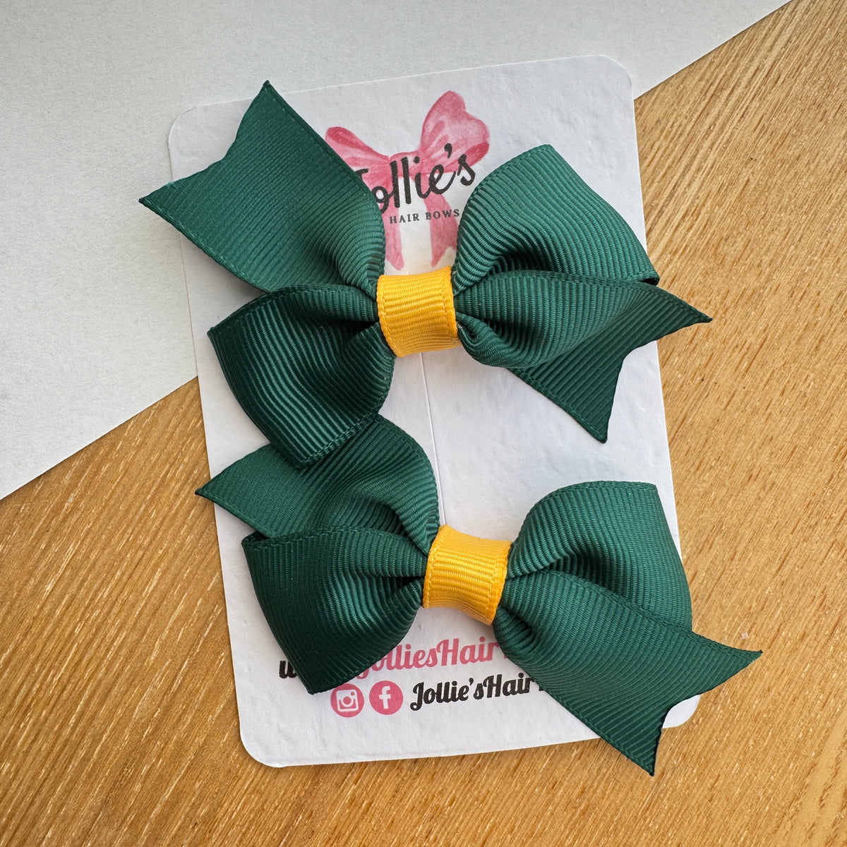 2.5" Yellow Gold & Forest Green Lively Bow Clip Set – Grosgrain Ribbon Hair Bows for Girls (Pair)