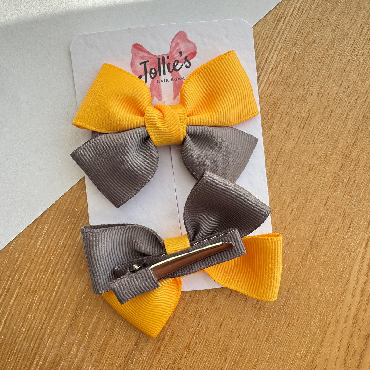 2.5" Yellow Gold & Metal Grey Classic Hair Bow Pair – Grosgrain Ribbon Clips with Teeth