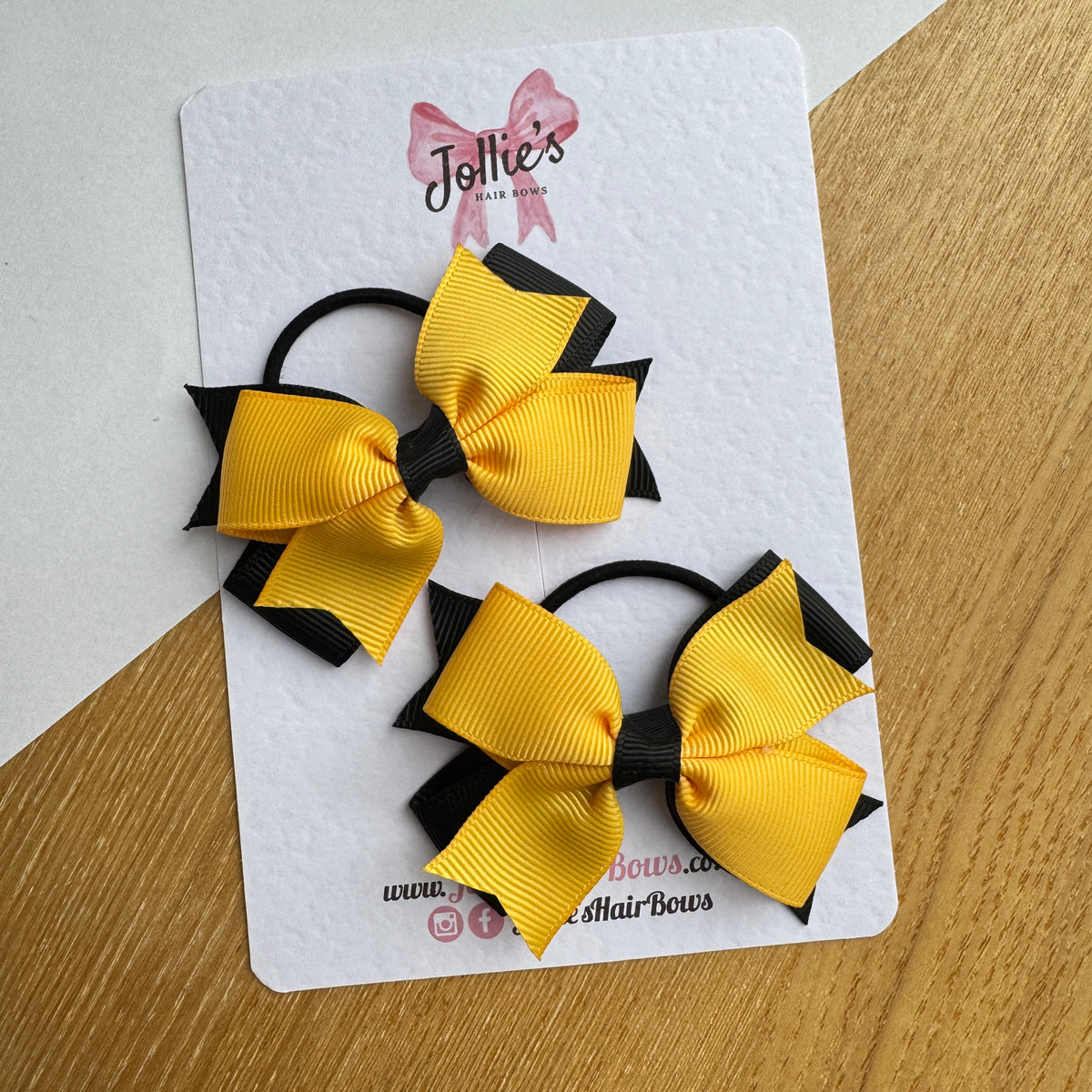 3" Double Layer Bow with Thin Elastic (Pair) – Black & Yellow Gold