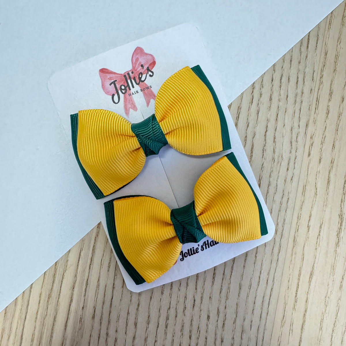 2.5" Yellow Gold & Forest Green Hair Bow Pair with 1.6" Lined Alligator Clip – Grosgrain Ribbon