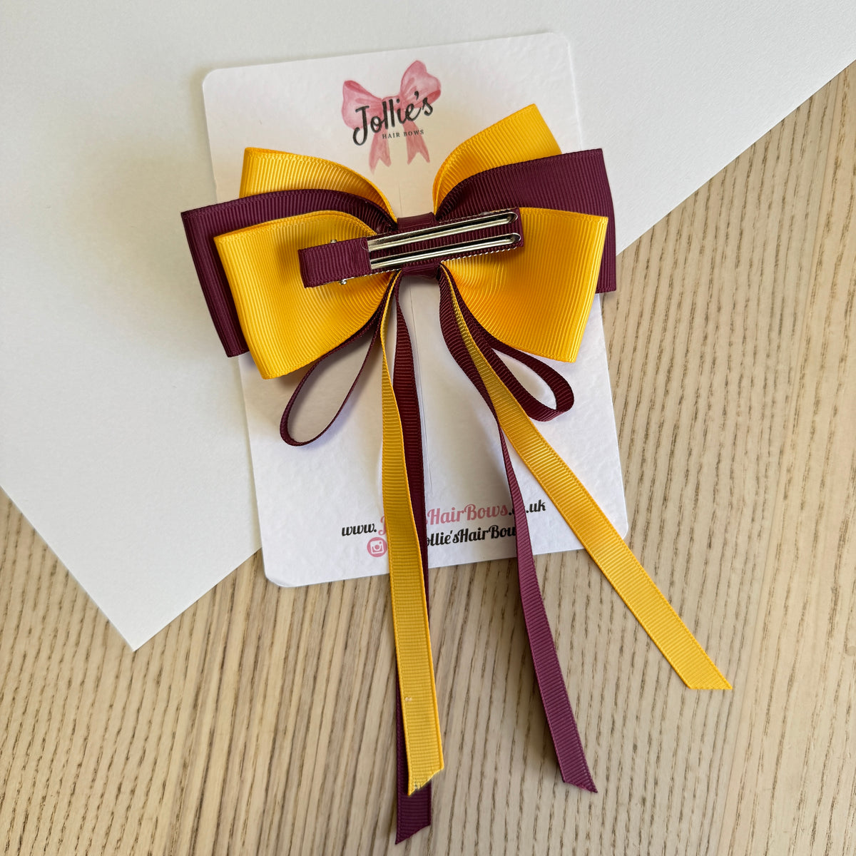 5" Yellow Gold & Burgundy Triple Layers Tail Bow – Grosgrain Ribbon Clip with Teeth