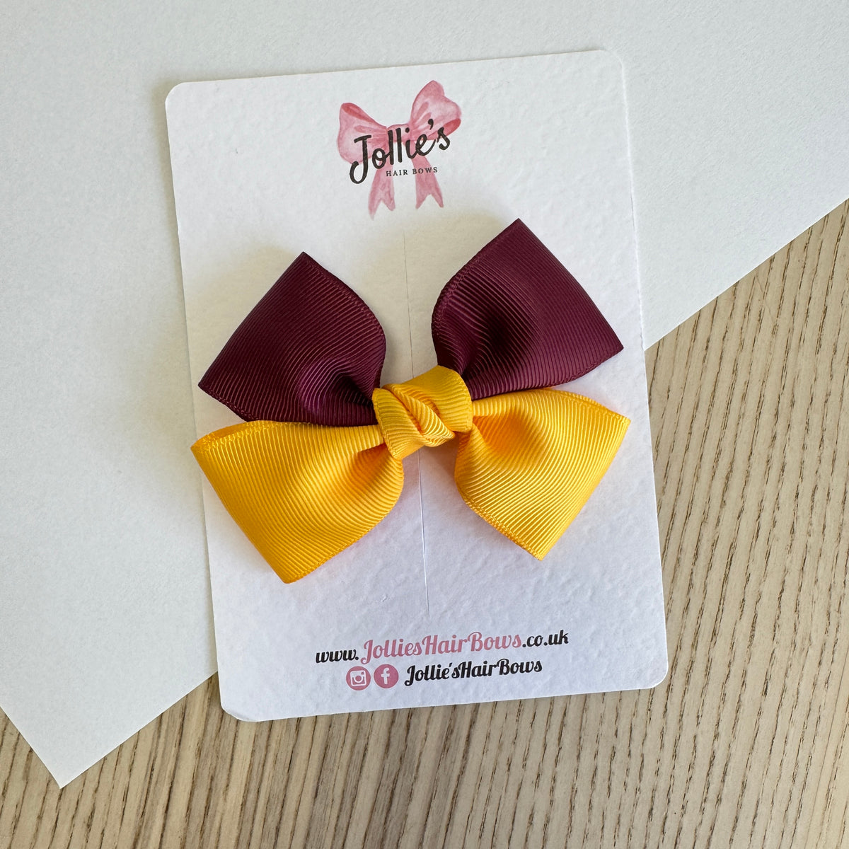 4" Yellow Gold & Burgundy Classic Hair Bow – Grosgrain Ribbon with 2.4" Double Sponge Alligator Clip