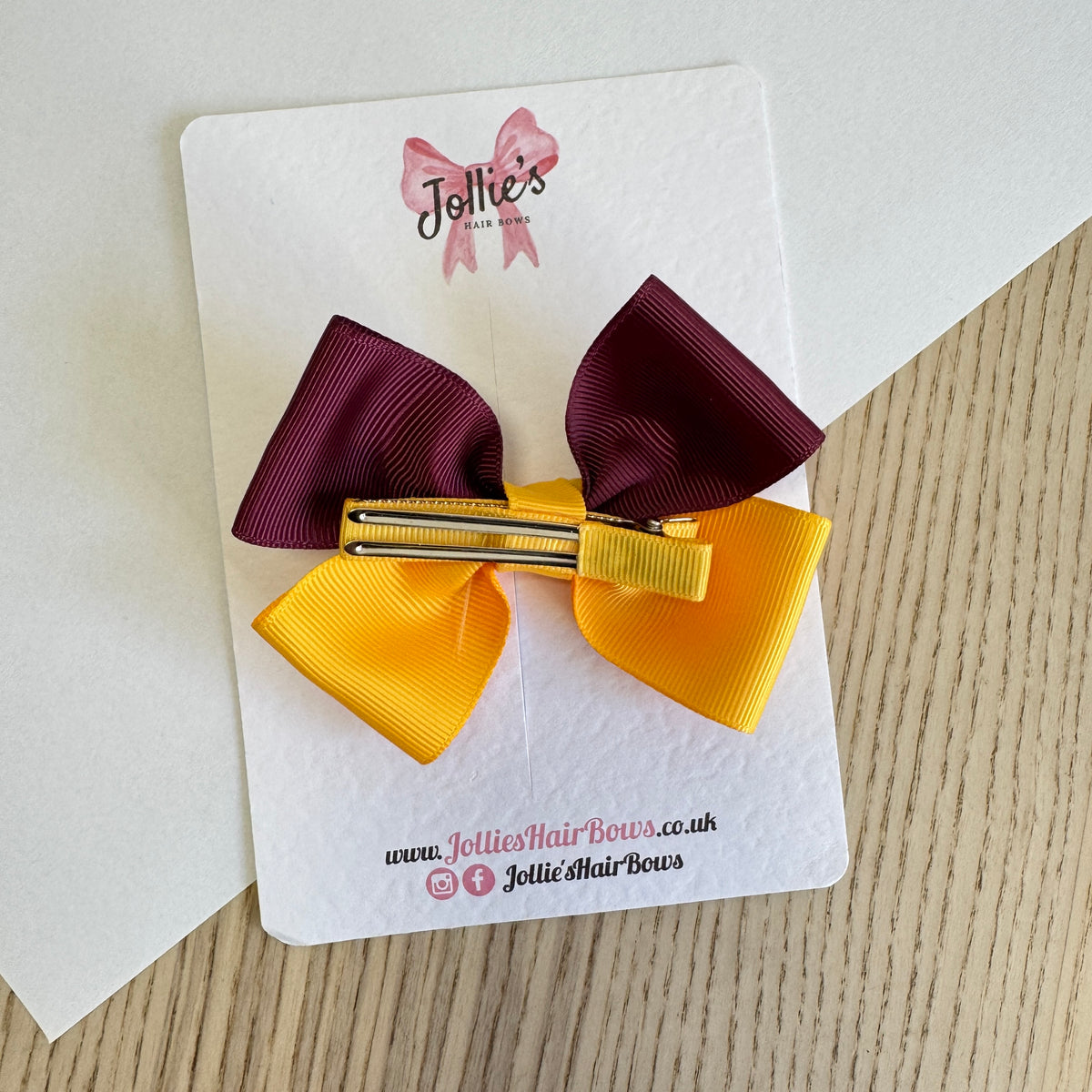 4" Yellow Gold & Burgundy Classic Hair Bow – Grosgrain Ribbon with 2.4" Double Sponge Alligator Clip