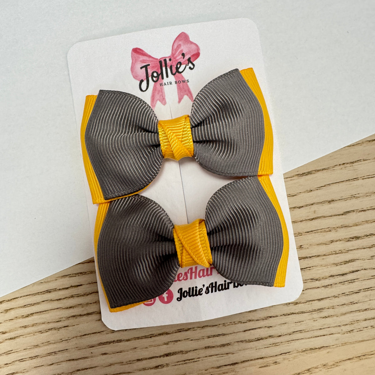 2.5" Yellow Gold & Metal Grey Bow Clip Set – Hair Bows for Girls (Pair)