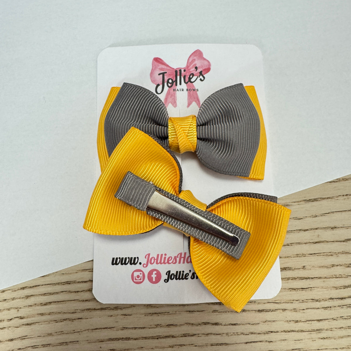 2.5" Yellow Gold & Metal Grey Bow Clip Set – Hair Bows for Girls (Pair)