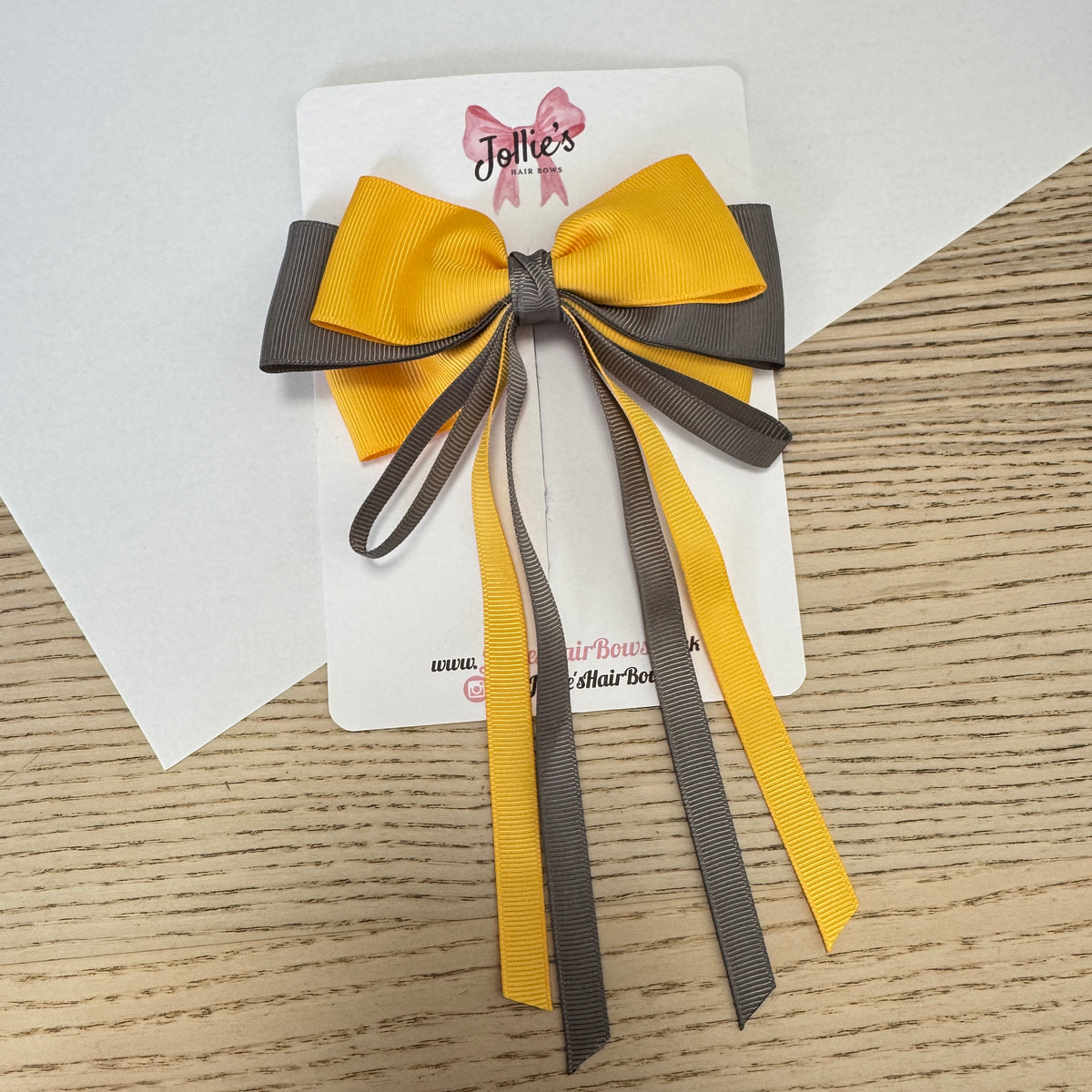 5" Yellow Gold & Metal Grey Triple Layers Tail Bow – Grosgrain Ribbon Clip with Teeth