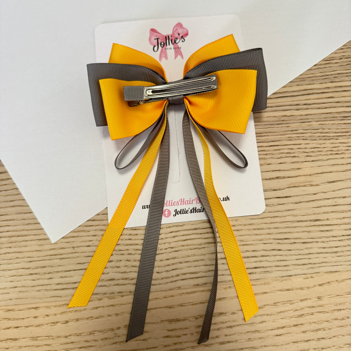 5" Yellow Gold & Metal Grey Triple Layers Tail Bow – Grosgrain Ribbon Clip with Teeth