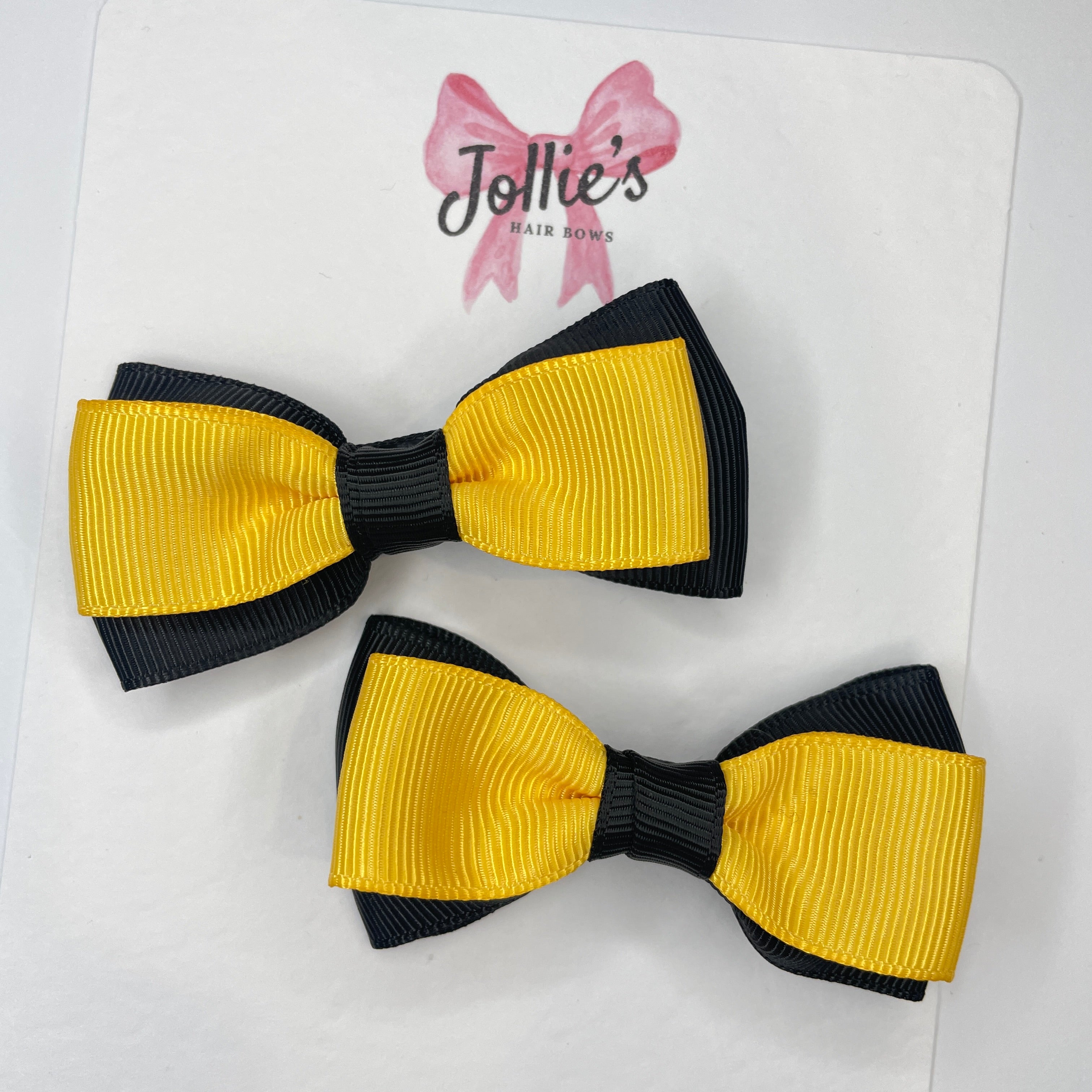 3inch School Bow with Clip (pair) - Black & Yellow Gold