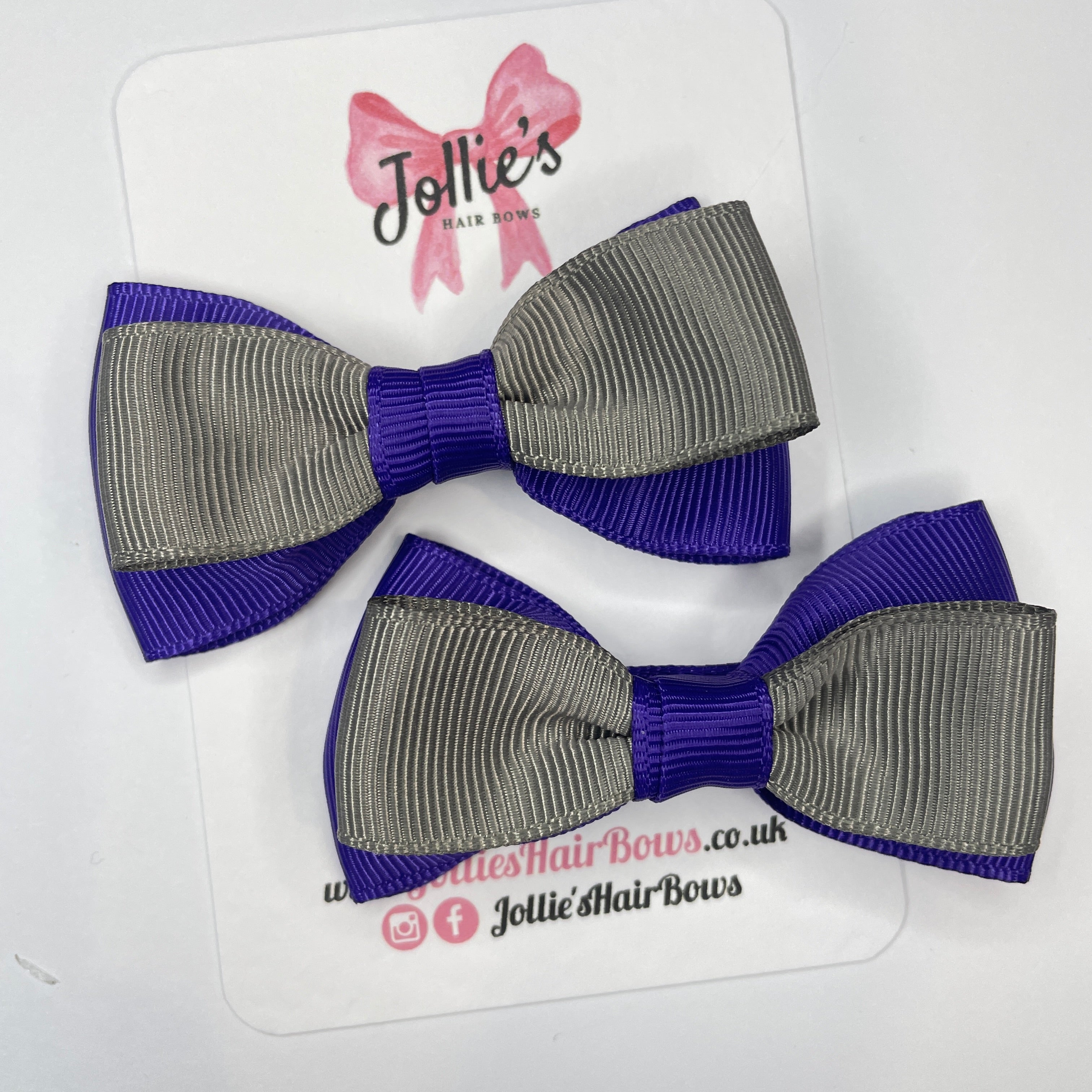 3inch School Bow with Clip (pair) - Regal Purple & Metal Grey