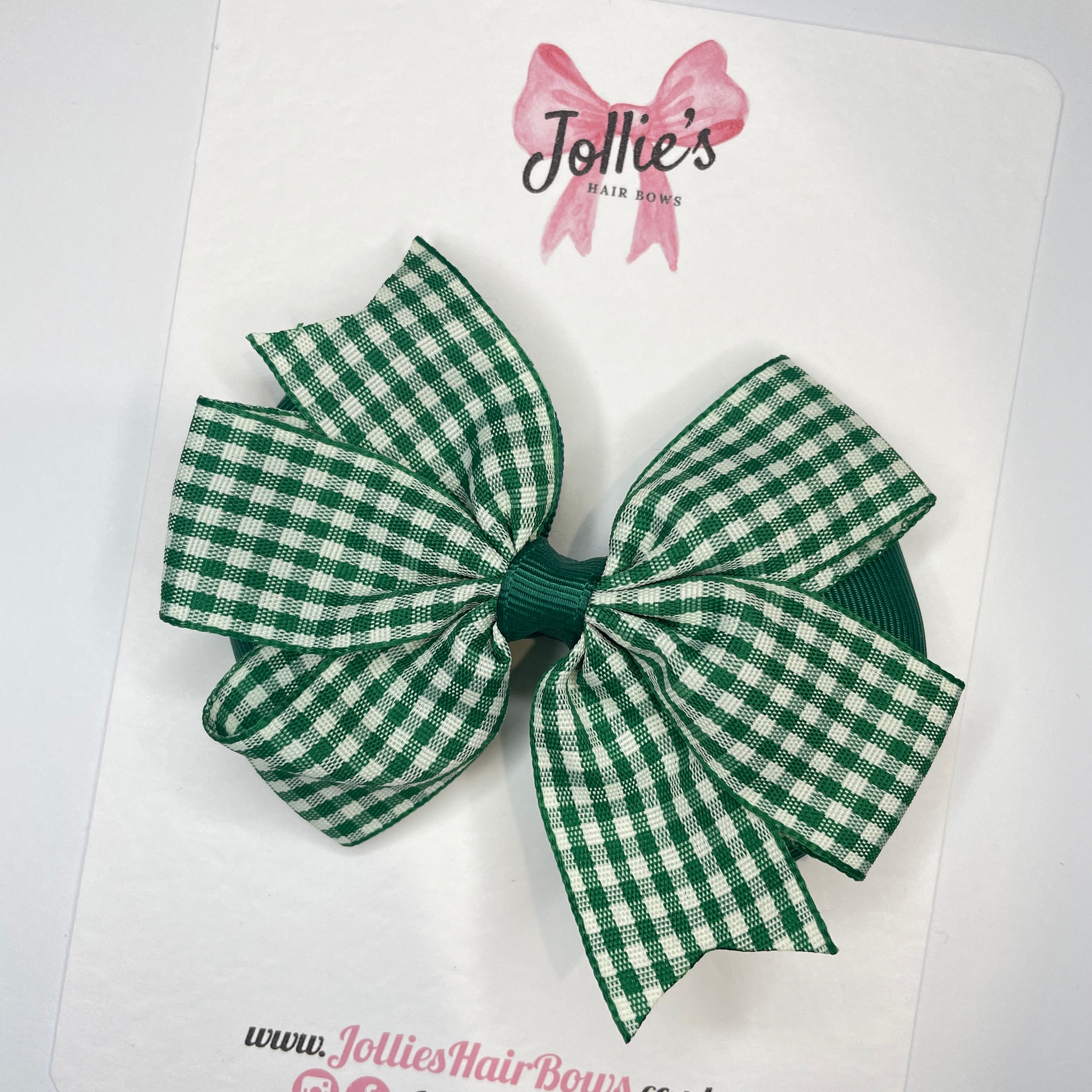 3.5inch Flat Double Bow with Clip - Hunter Green Gingham