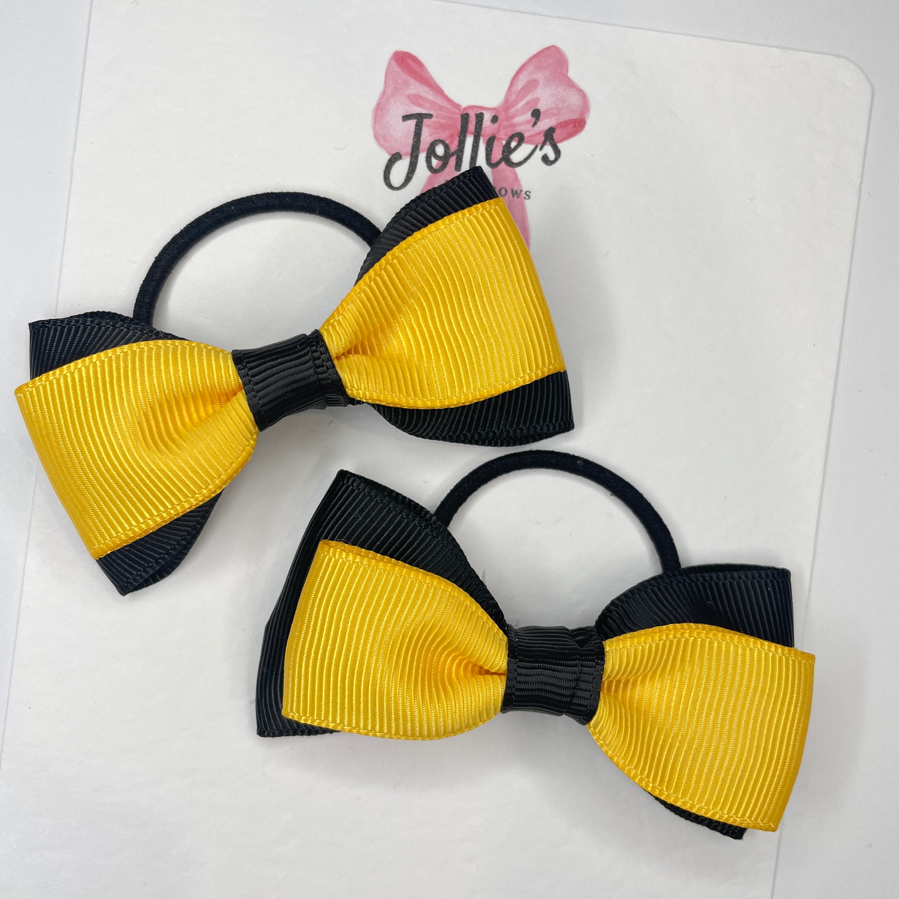 3inch School Bow with Thin Elastic (pair) - Black & Yellow Gold