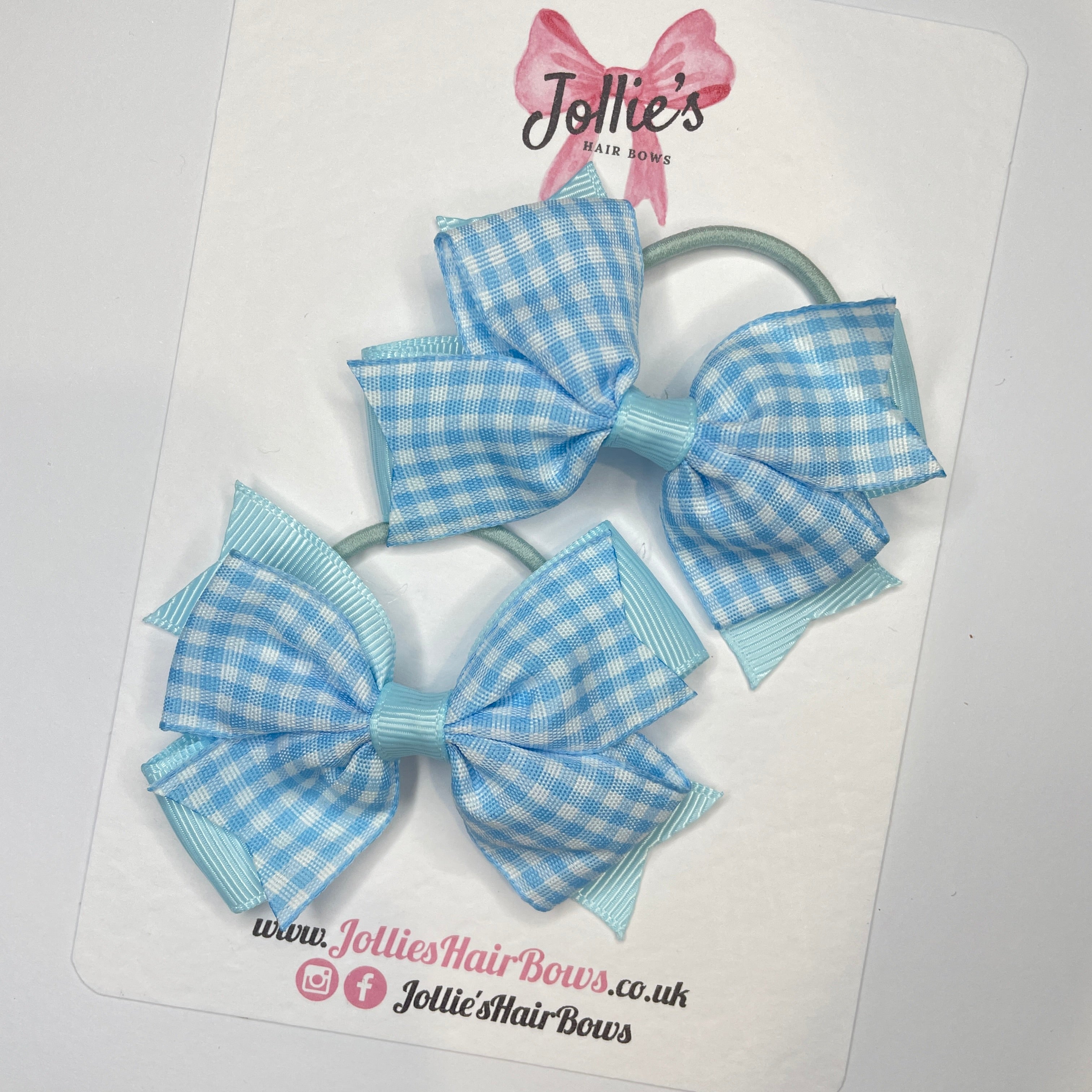 3inch Double Layer Bow with Thin Elastic (pair) - Light Blue Gingham