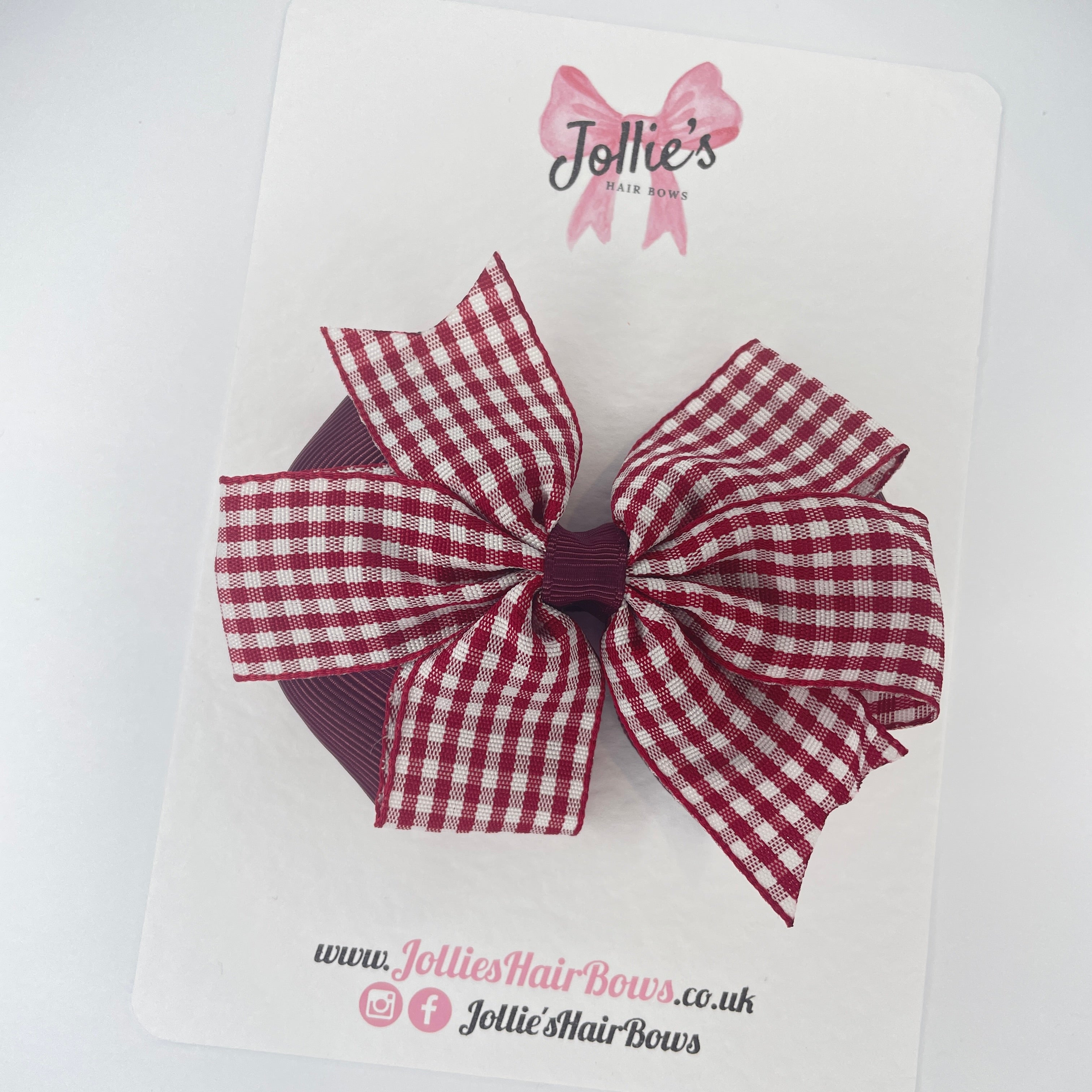 3.5inch Flat Double Bow with Clip - Burgundy Gingham