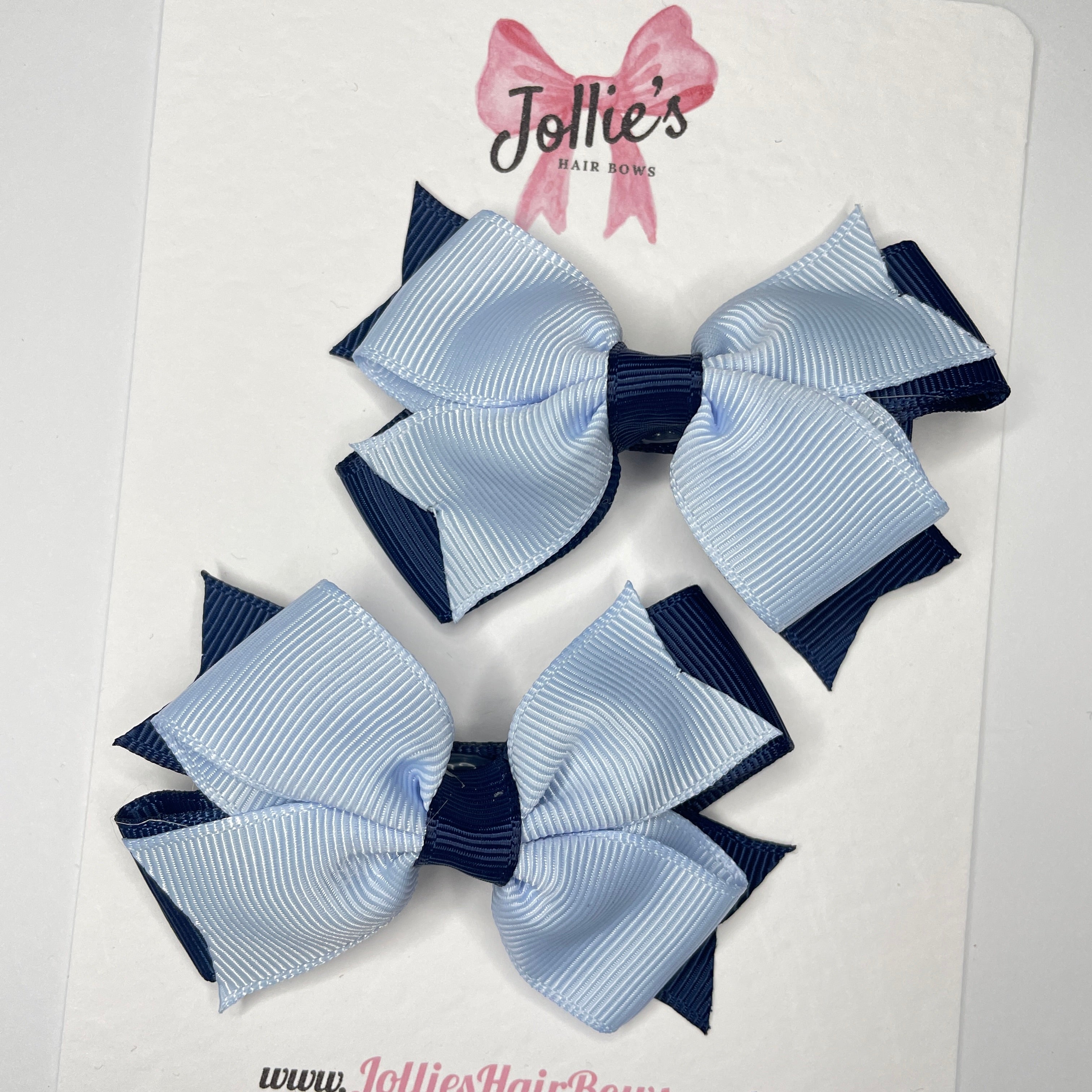 3inch Double Layer Bow with Clip (pair) - Navy & Bluebell