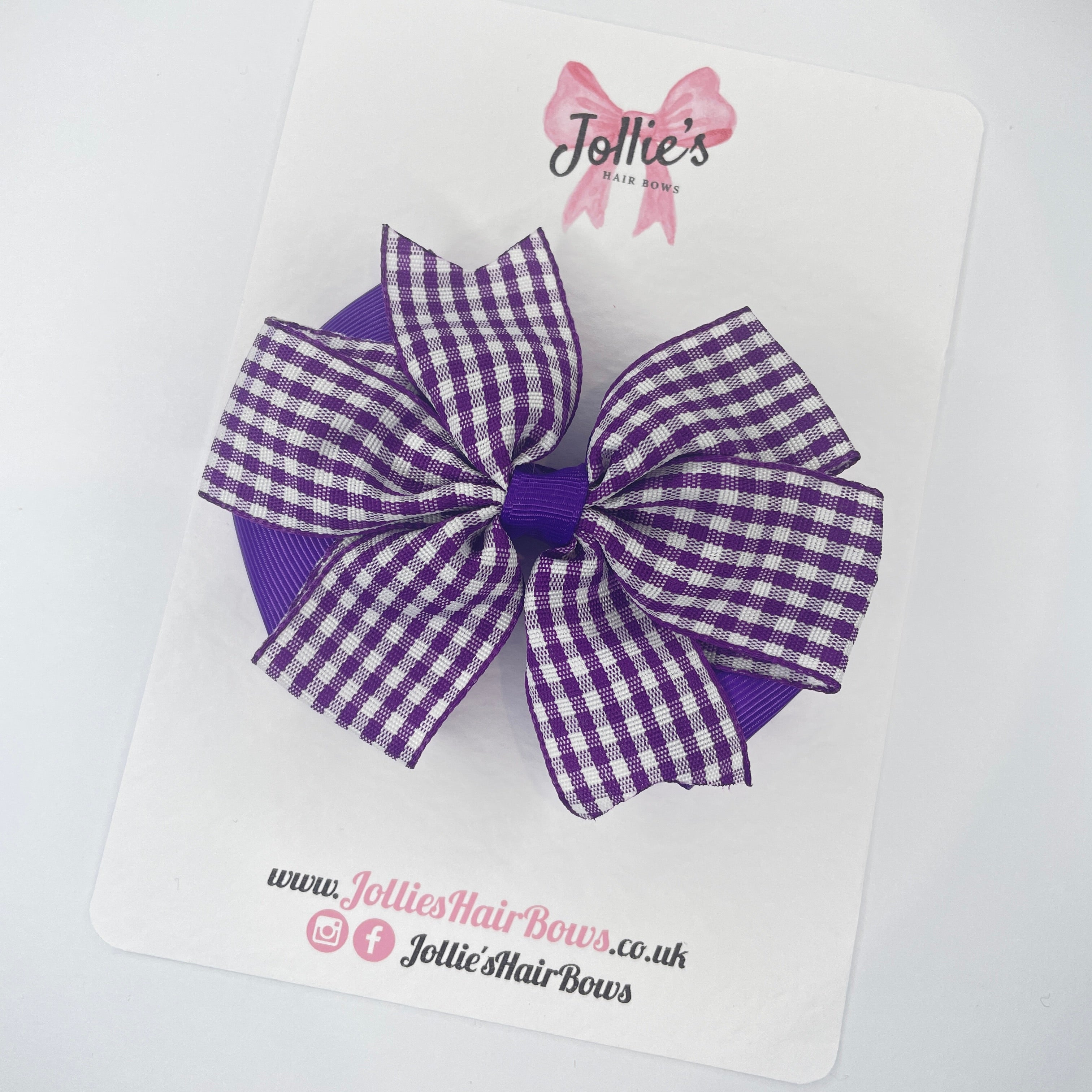 3.5inch Flat Double Bow with Clip - Purple Gingham