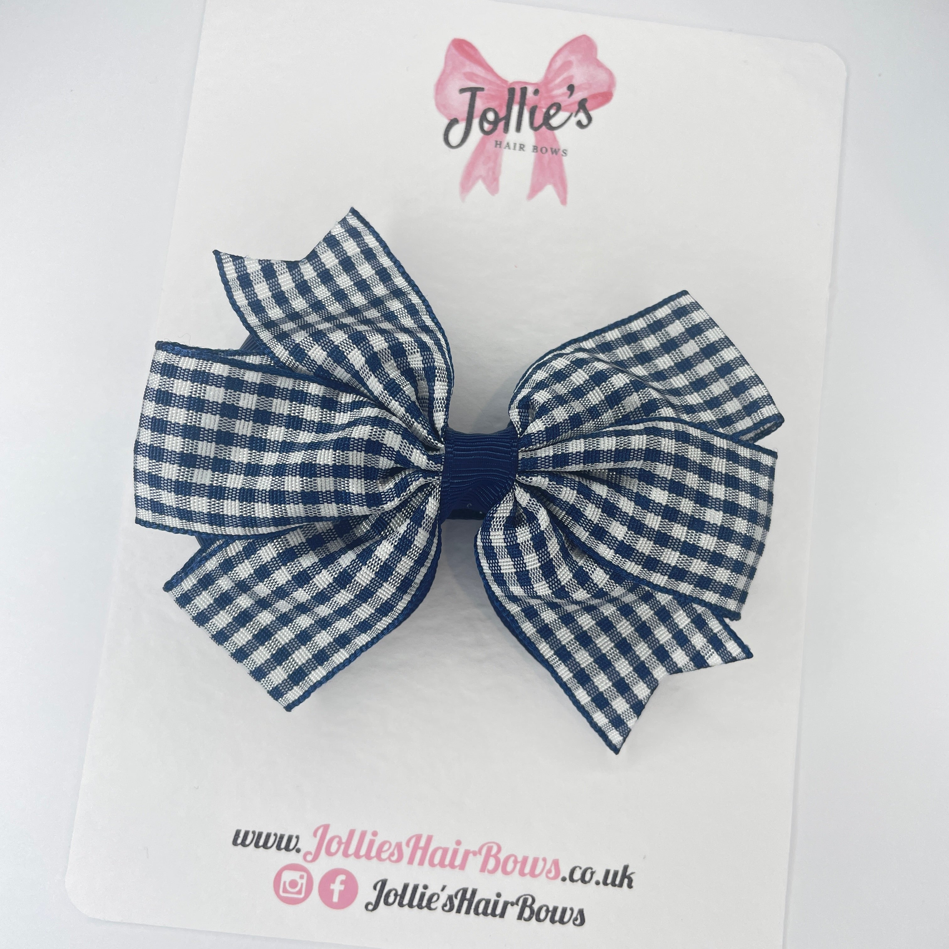 3.5inch Flat Double Bow with Clip - Navy Gingham