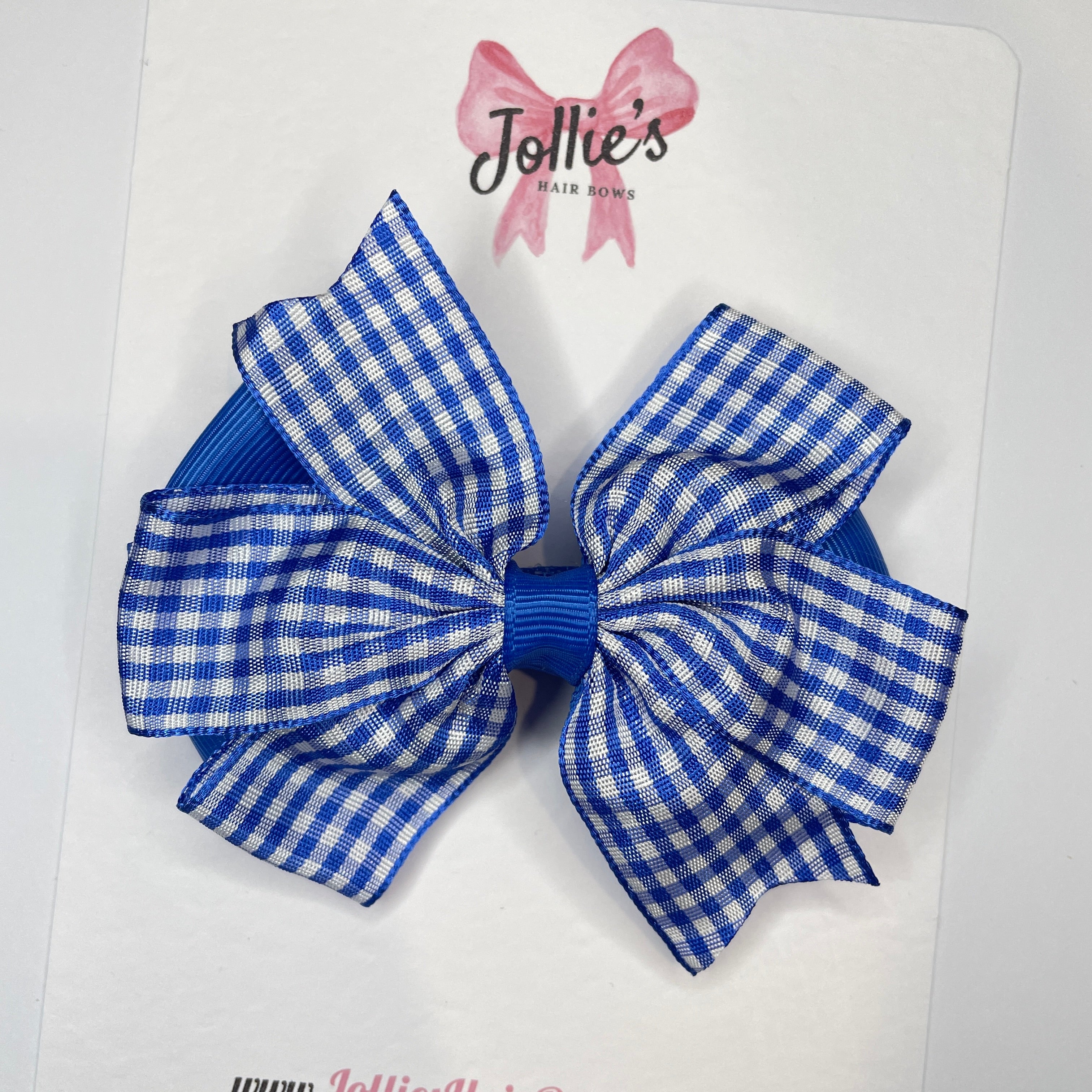 3.5inch Flat Double Bow with Clip - Royal Blue Gingham