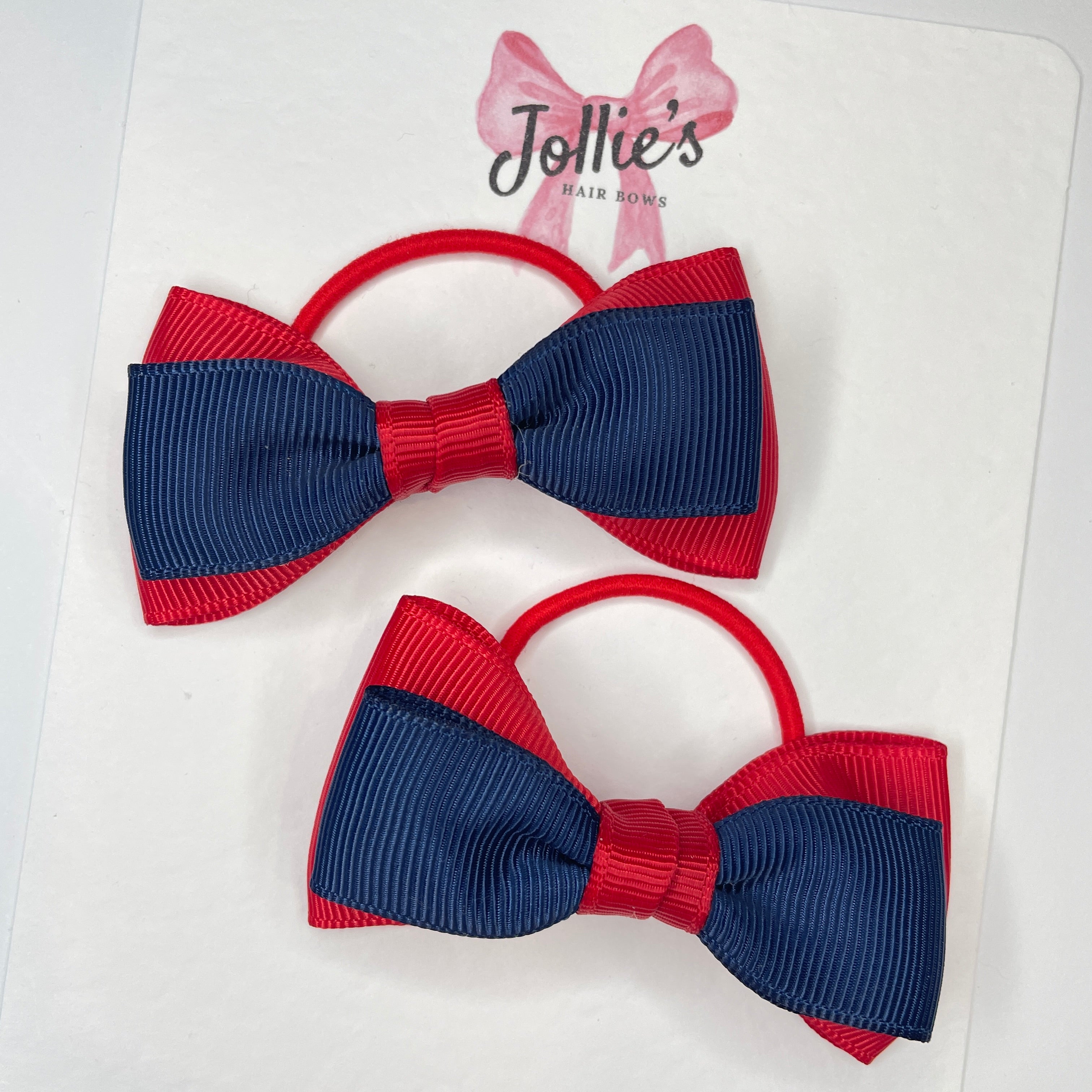 3inch School Bow with Thin Elastic (pair) - Red & Navy
