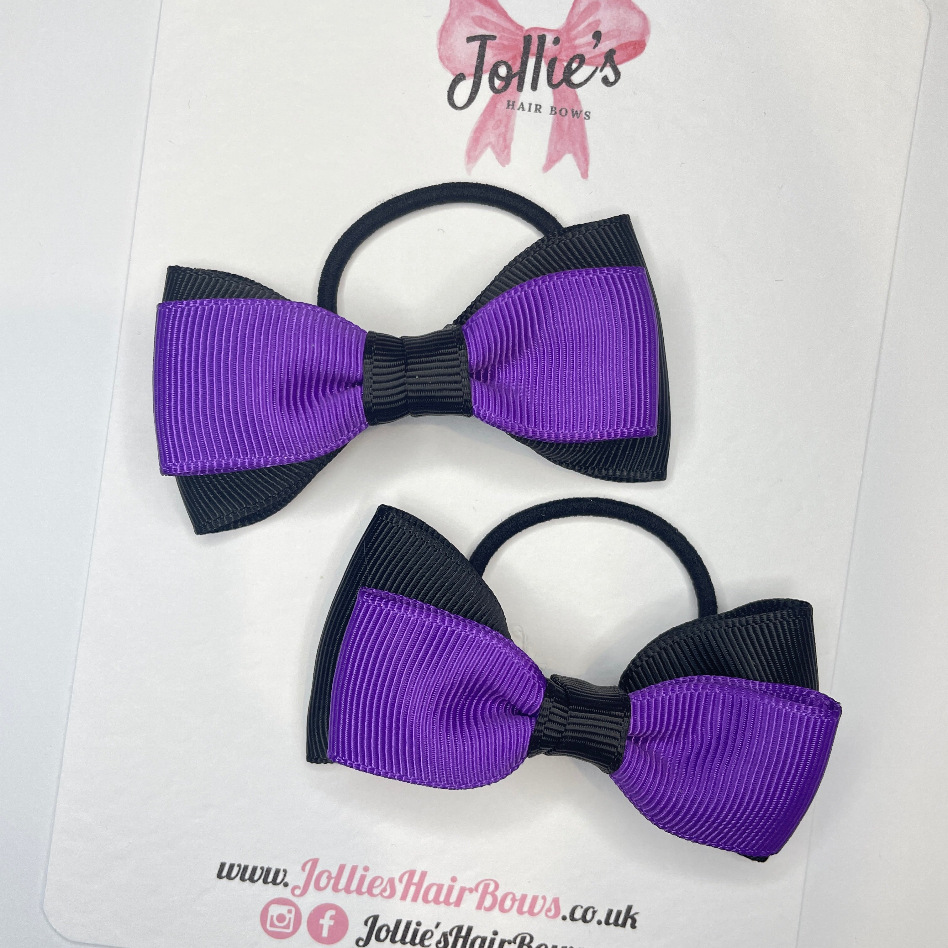 3inch School Bow with Thin Elastic (pair) - Black & Purple