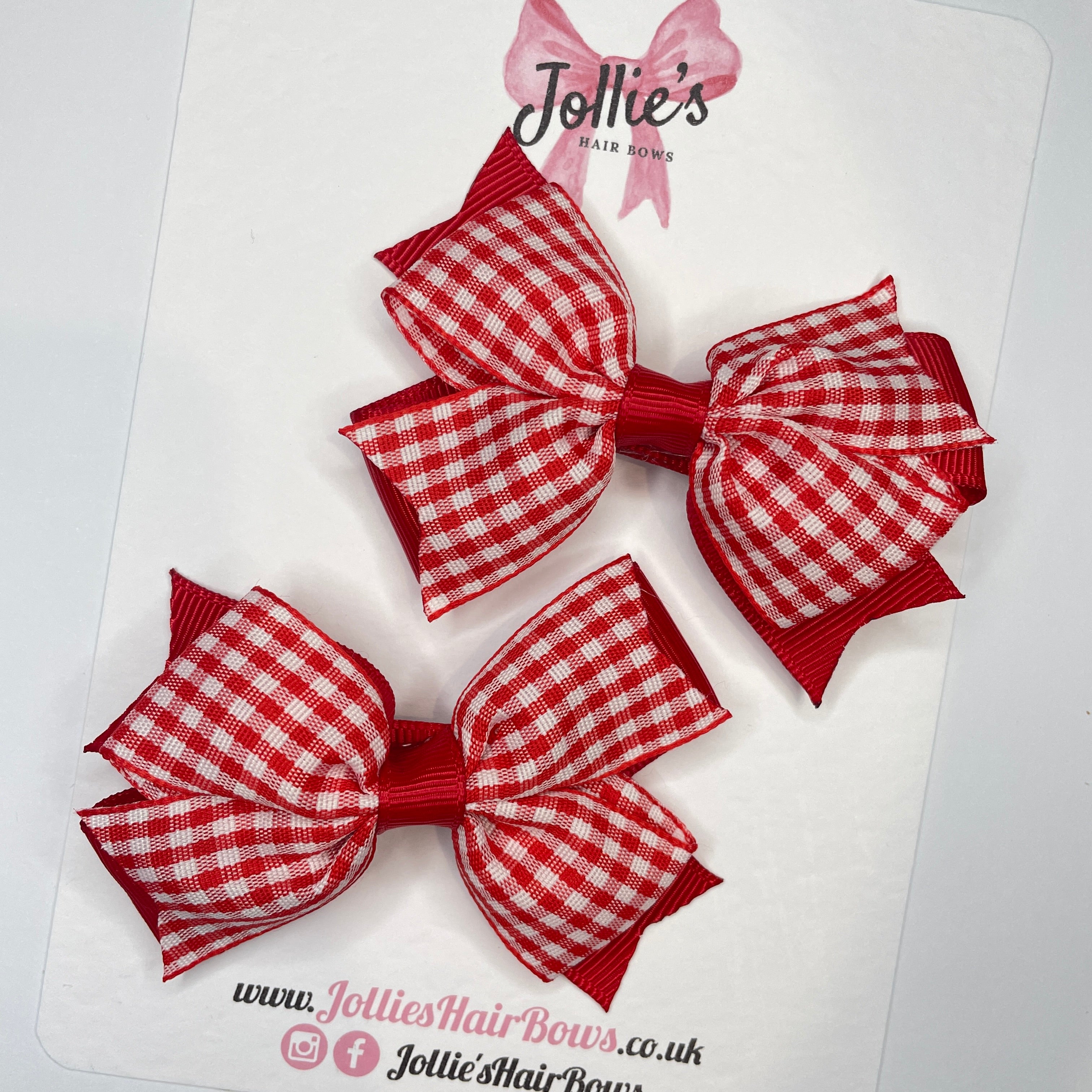 3inch Double Layer Bow with Clip (pair) - Red Gingham
