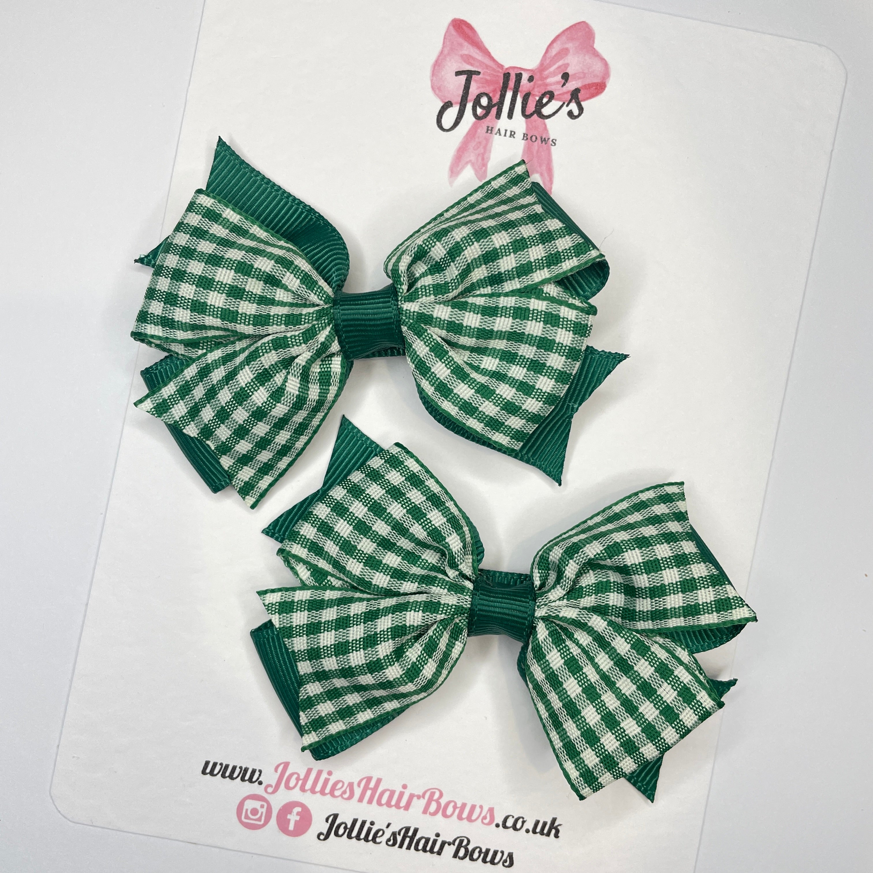 3inch Double Layer Bow with Clip (pair) - Hunter Green Gingham