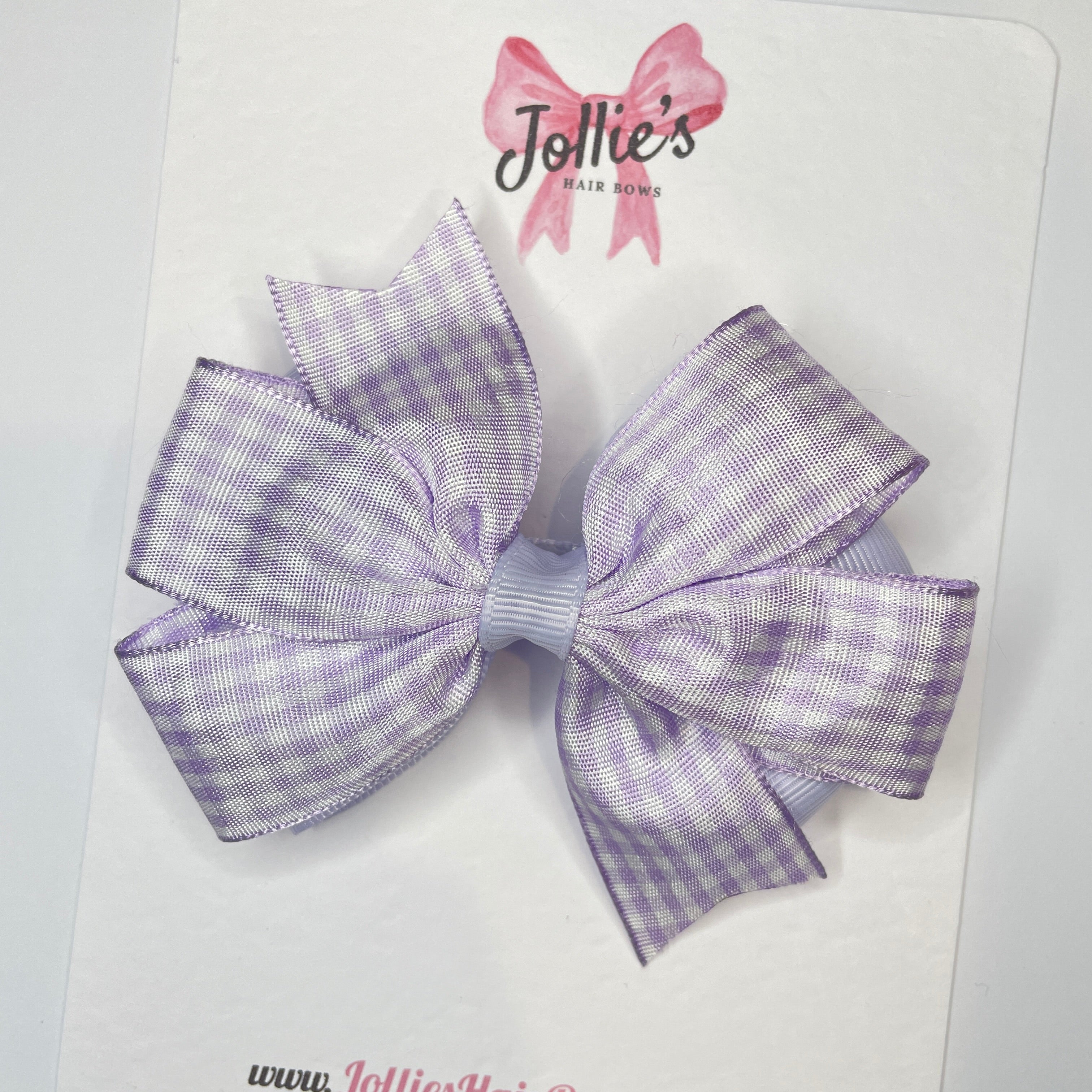 3.5inch Flat Double Bow with Clip - Lilac Gingham