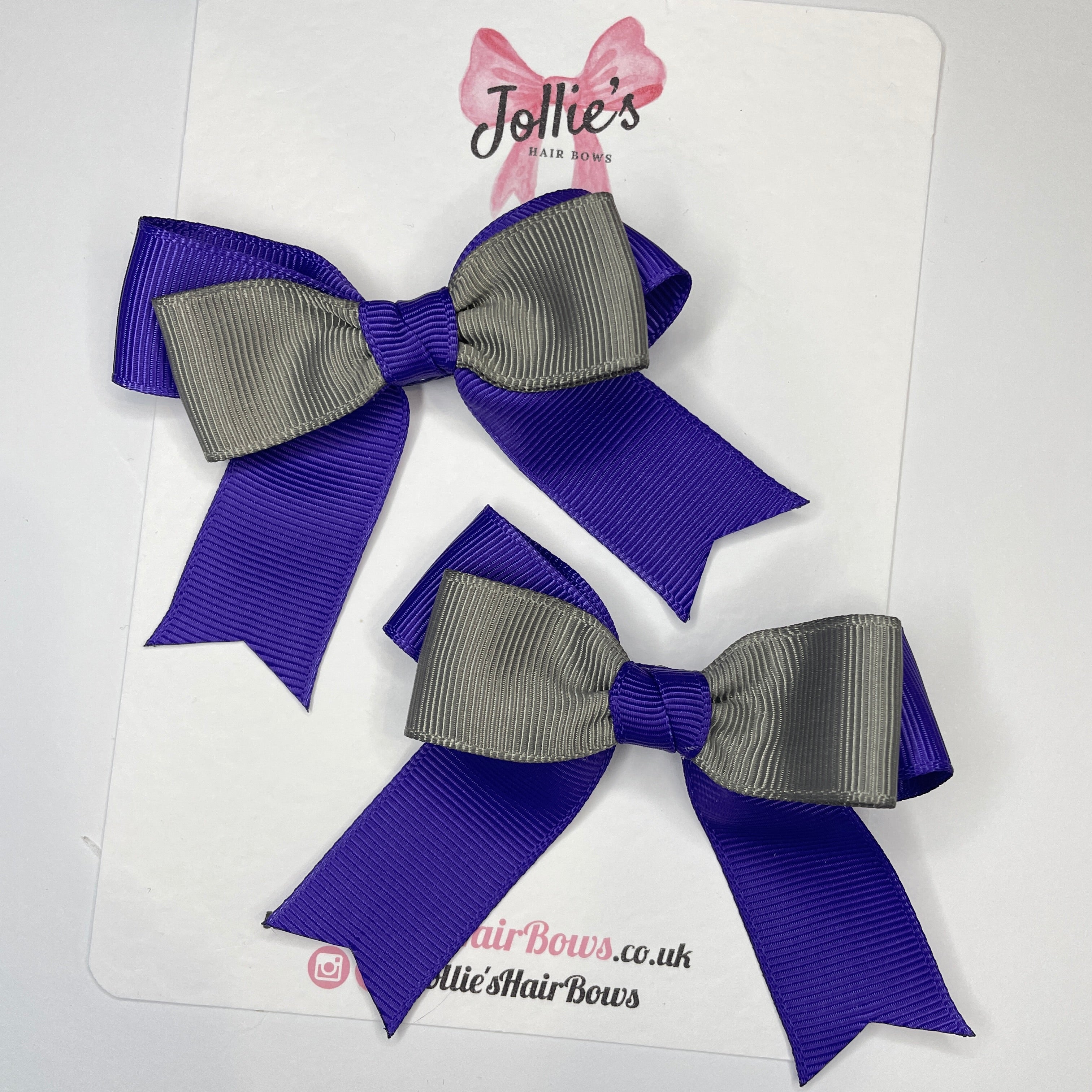 3inch Tail Bow with Clip (pair)  - Regal Purple & Metal Grey