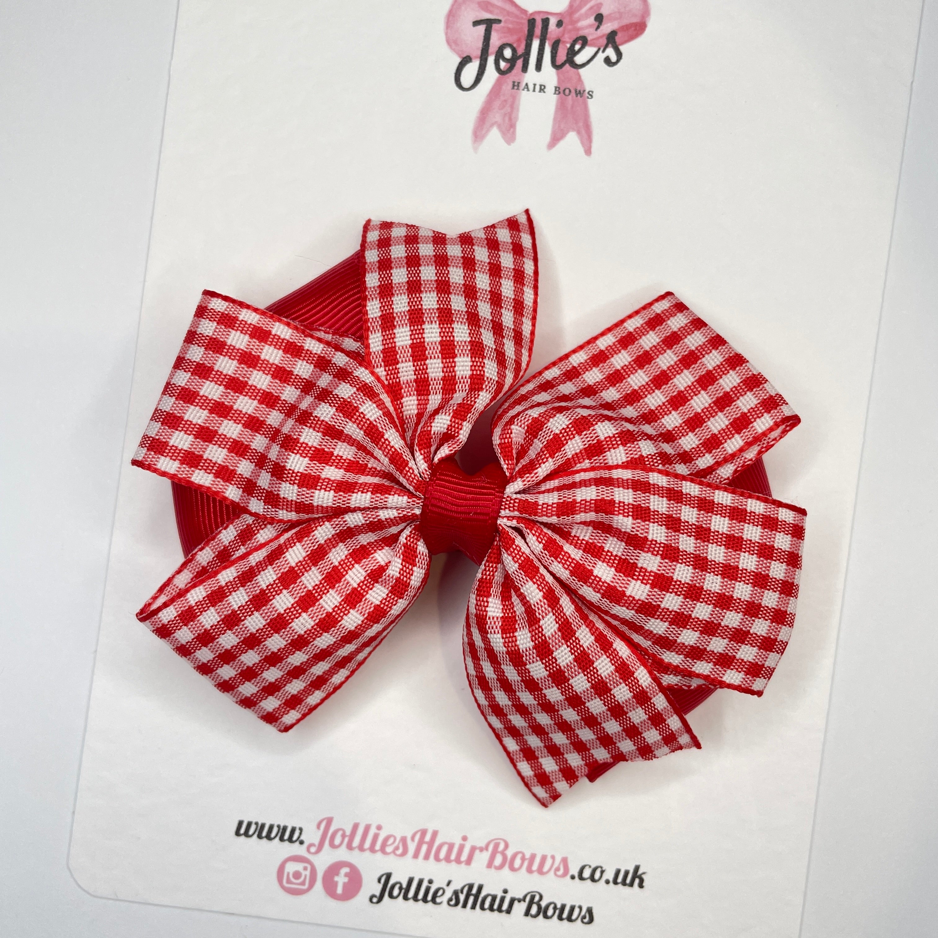 3.5inch Flat Double Bow with Clip - Red Gingham
