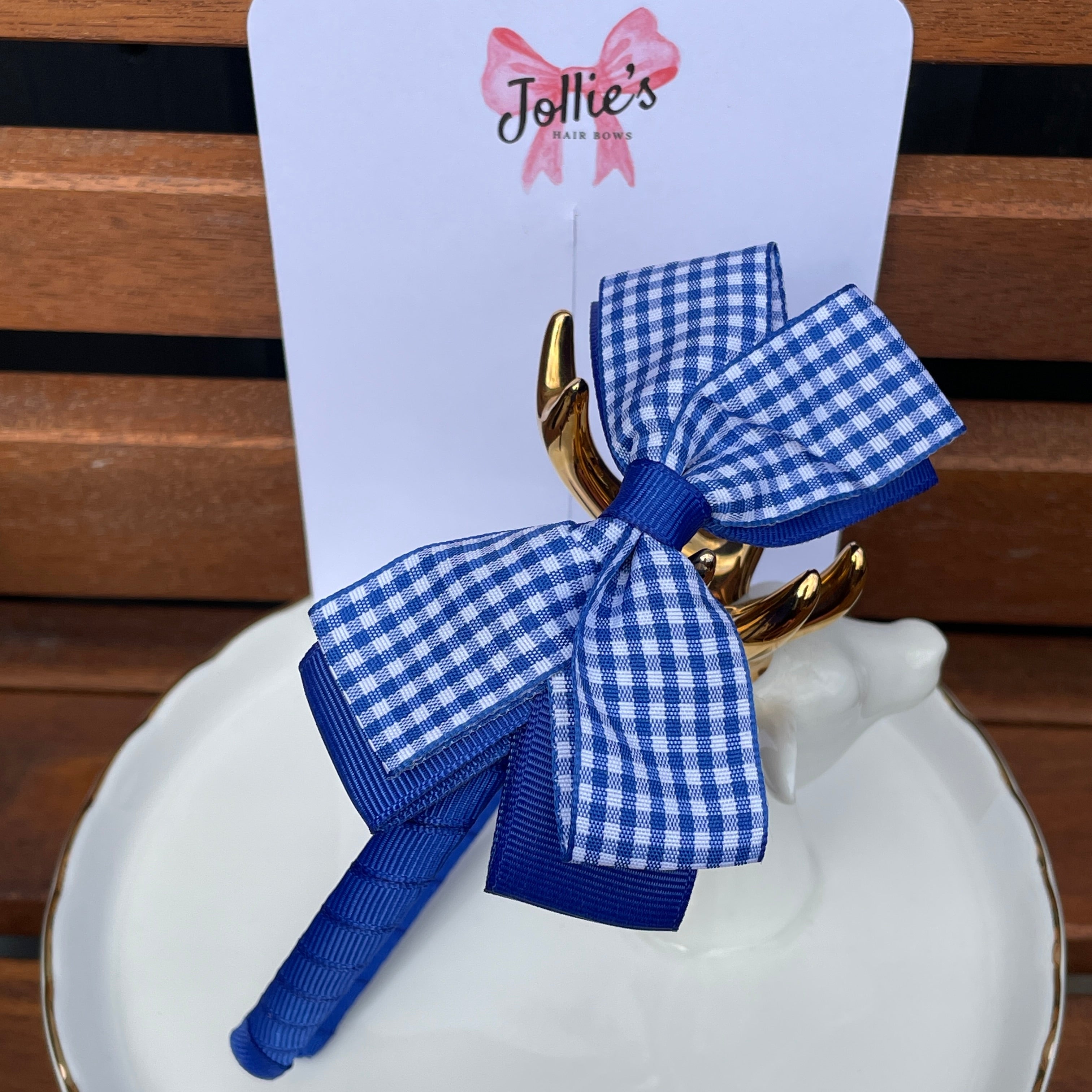 Flat Bow Headband - Electric Blue Gingham