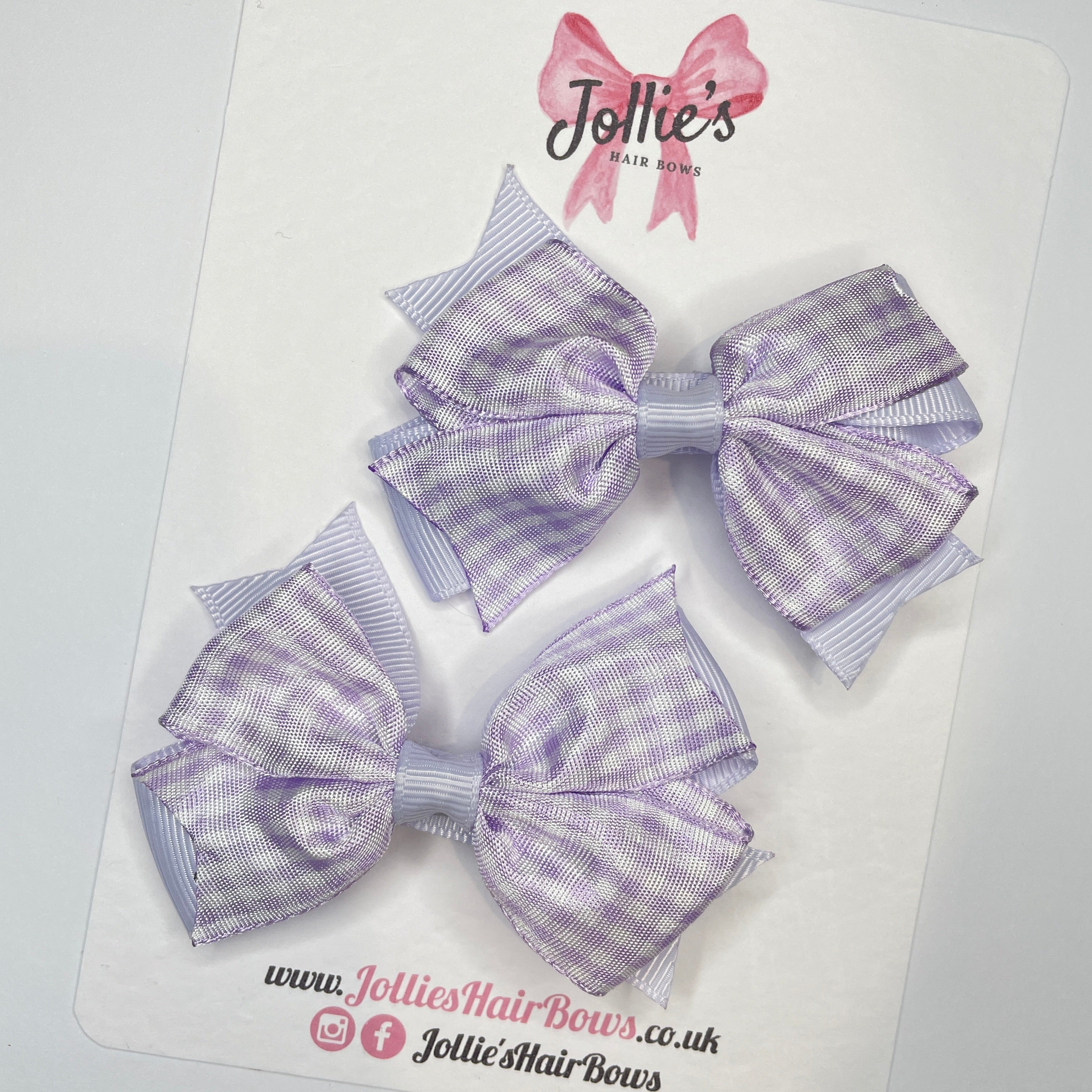 3inch Double Layer Bow with Clip (pair) - Lilac Gingham