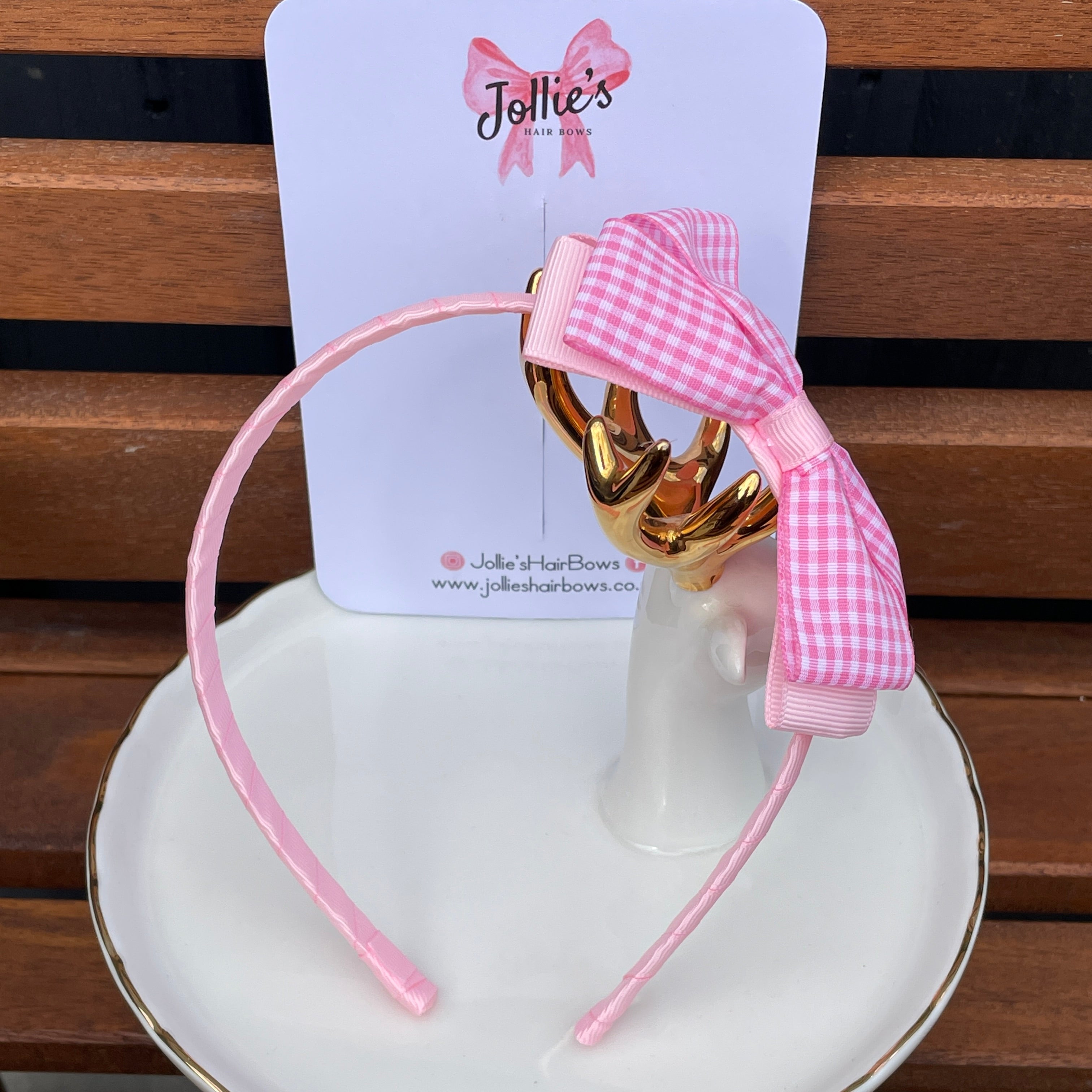 Flat Bow Headband - Pink Gingham