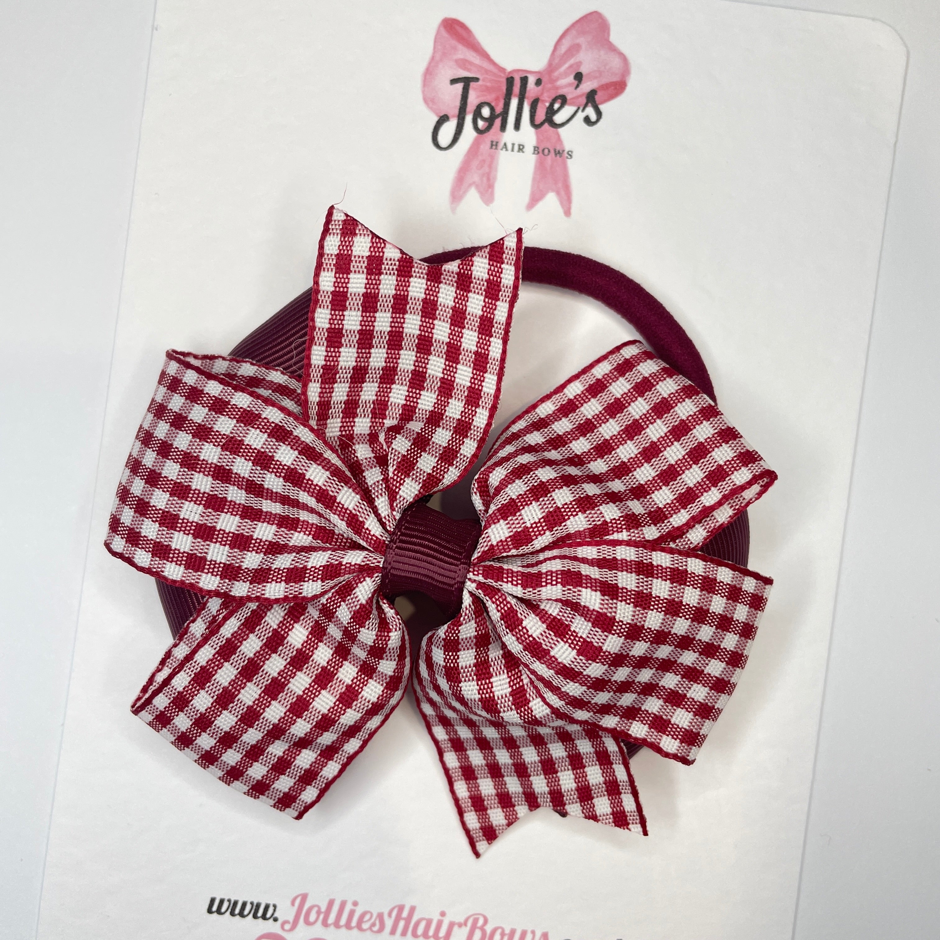 3.5inch Flat Double Bow with Bobble - Burgundy Gingham