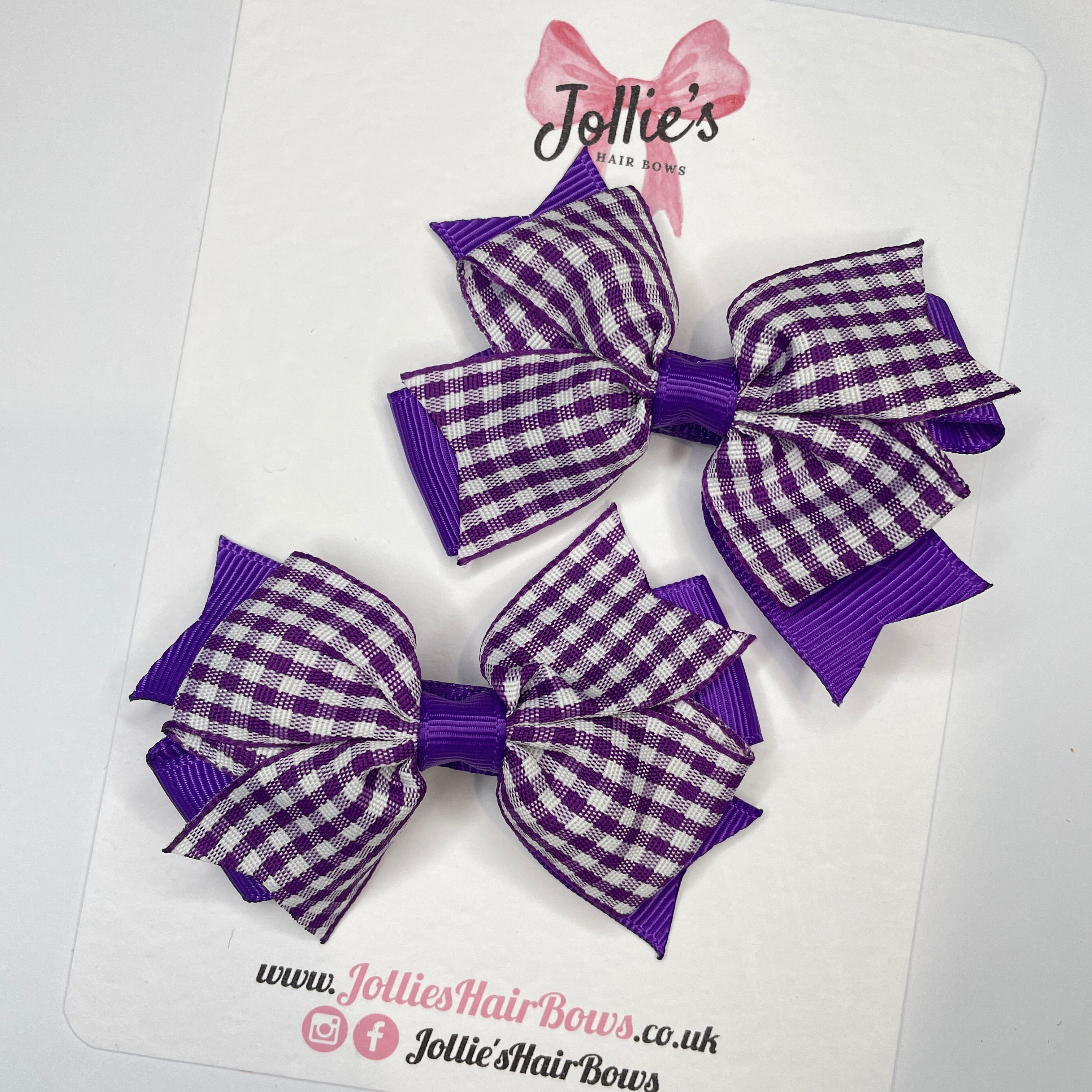 3inch Double Layer Bow with Clip (pair) - Purple Gingham
