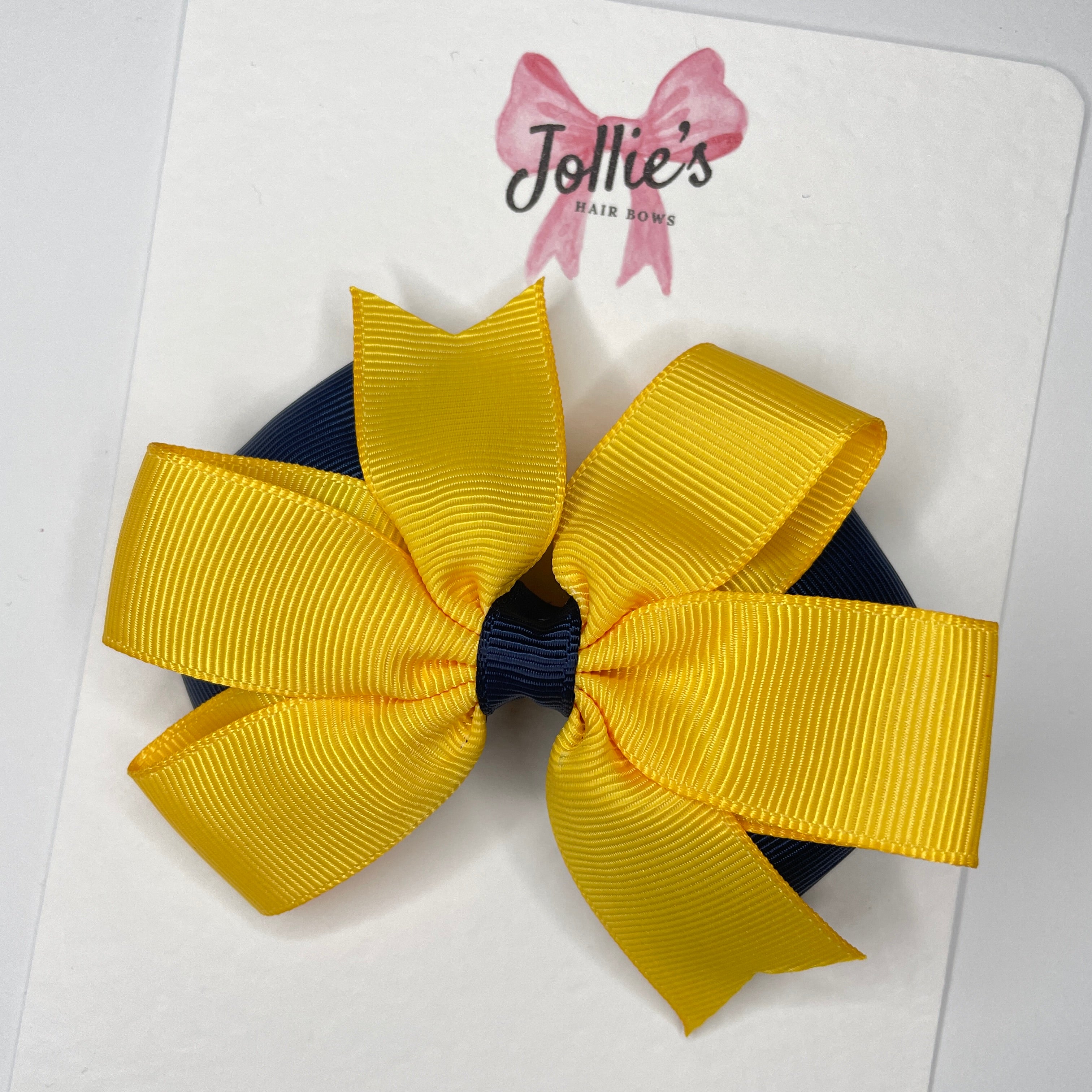 3.5inch Flat Double Bow with Clip - Navy & Yellow Gold