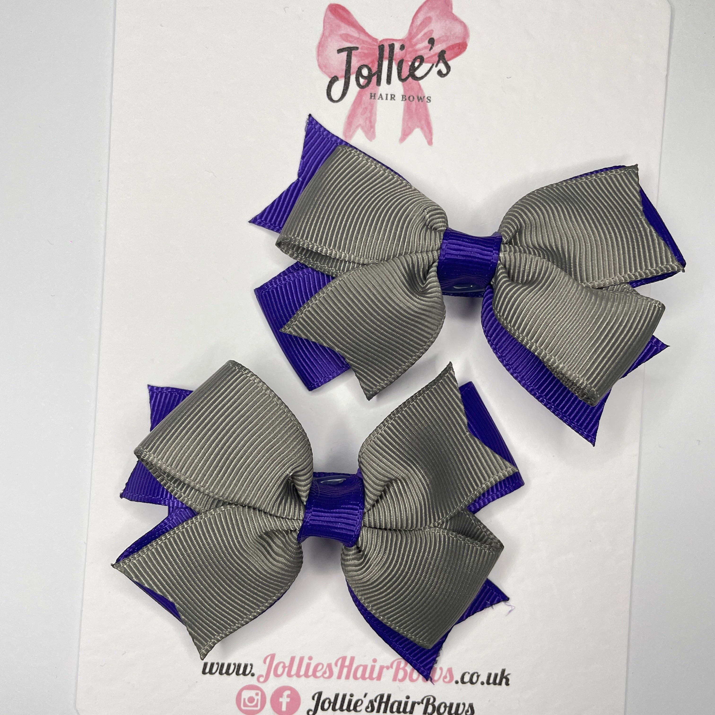 3inch Double Layer Bow with Clip (pair) - Regal Purple & Metal Grey